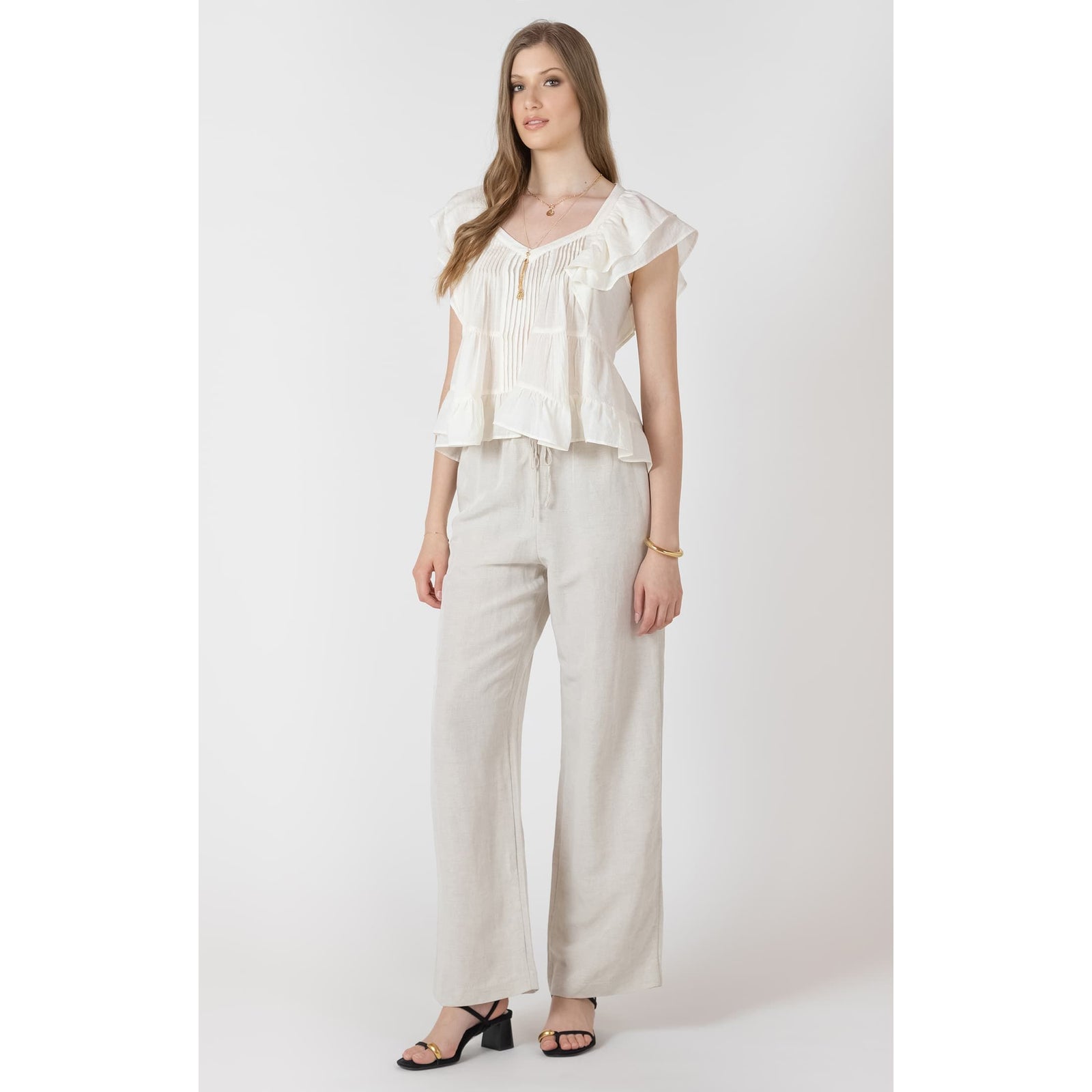 Dex Drawstring Elastic Waist Pants on a model in lightweight linen with a relaxed, flowy fit.
