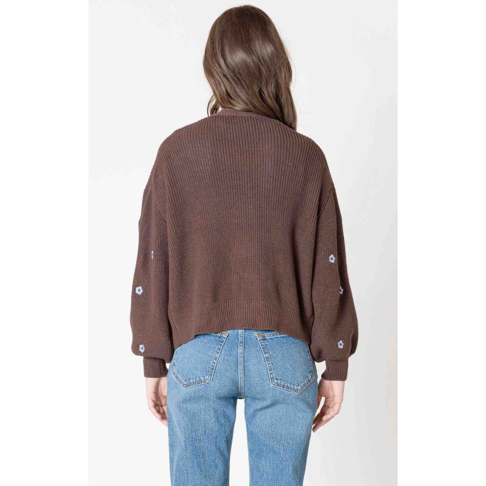 Dex Embroidered Open Cardigan in brown with blue floral embroidery on long sleeves, cropped, back view.