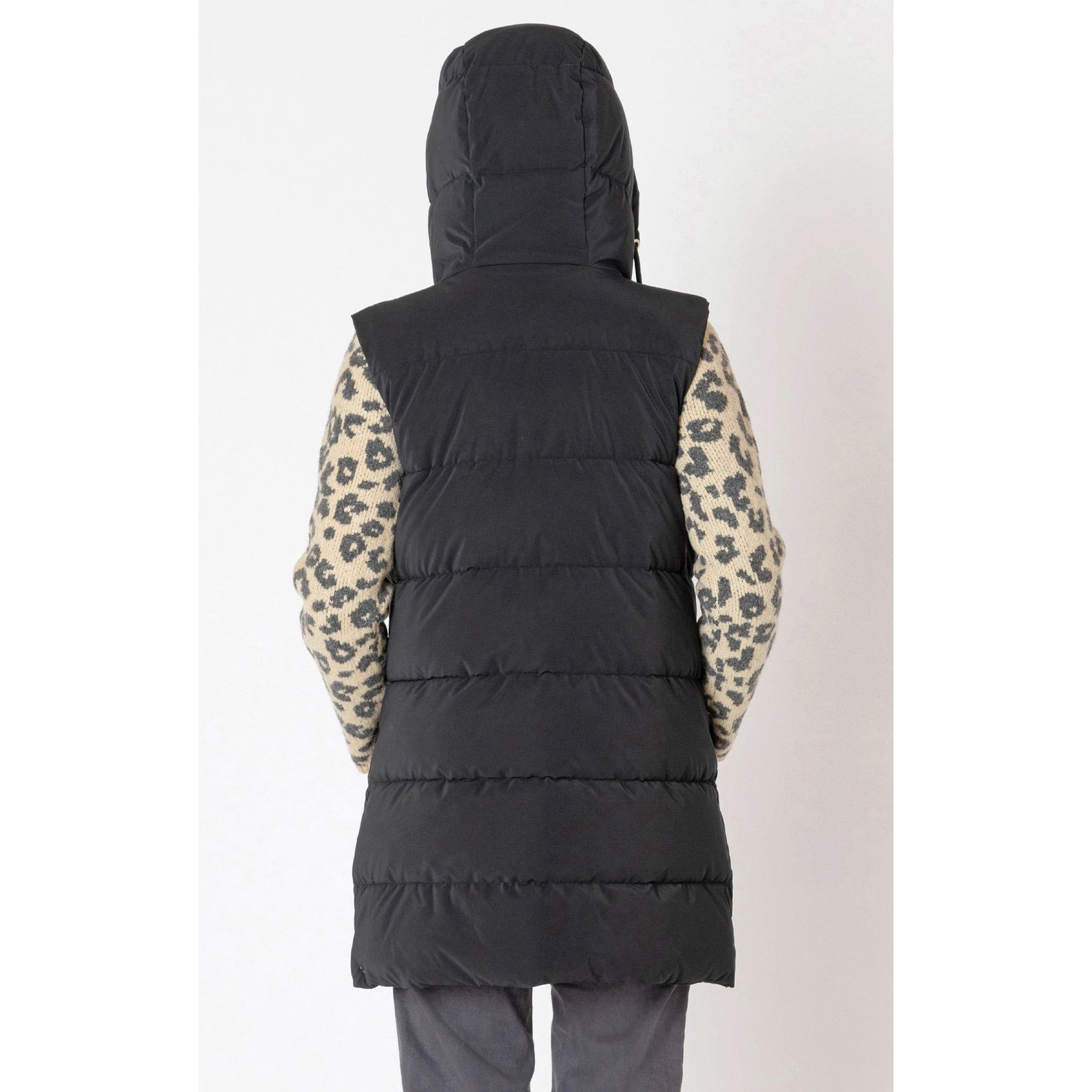 Dex Hooded Puffer Vest — black quilted puffer with hood for layered warmth.