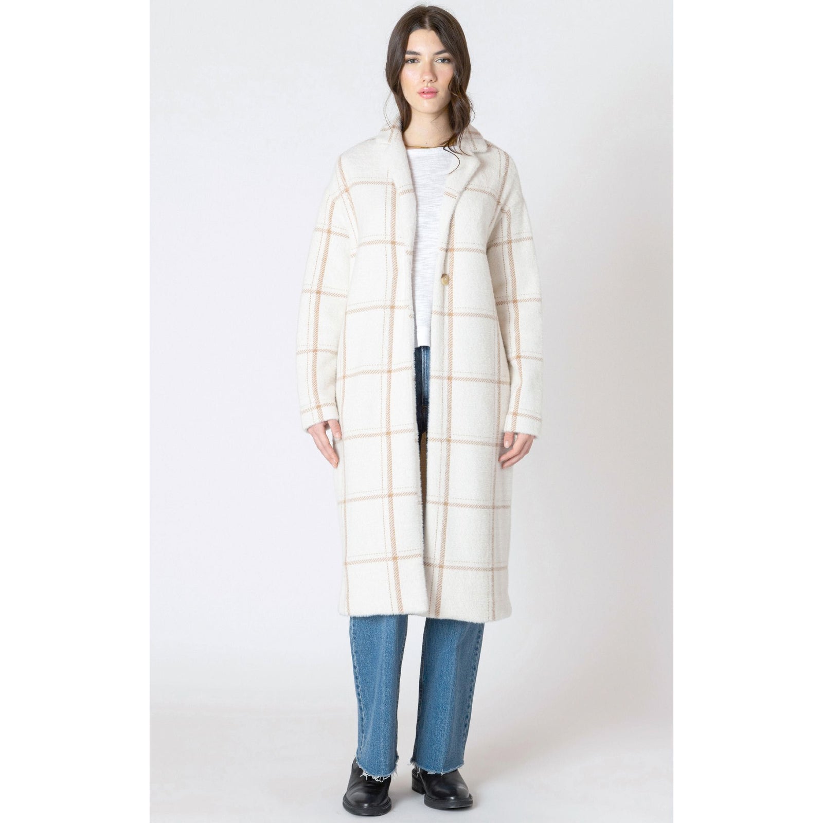 Dex Longline Soft Sweater Coat in cream with mocha windowpane stripe, single-button front closure, on a model.