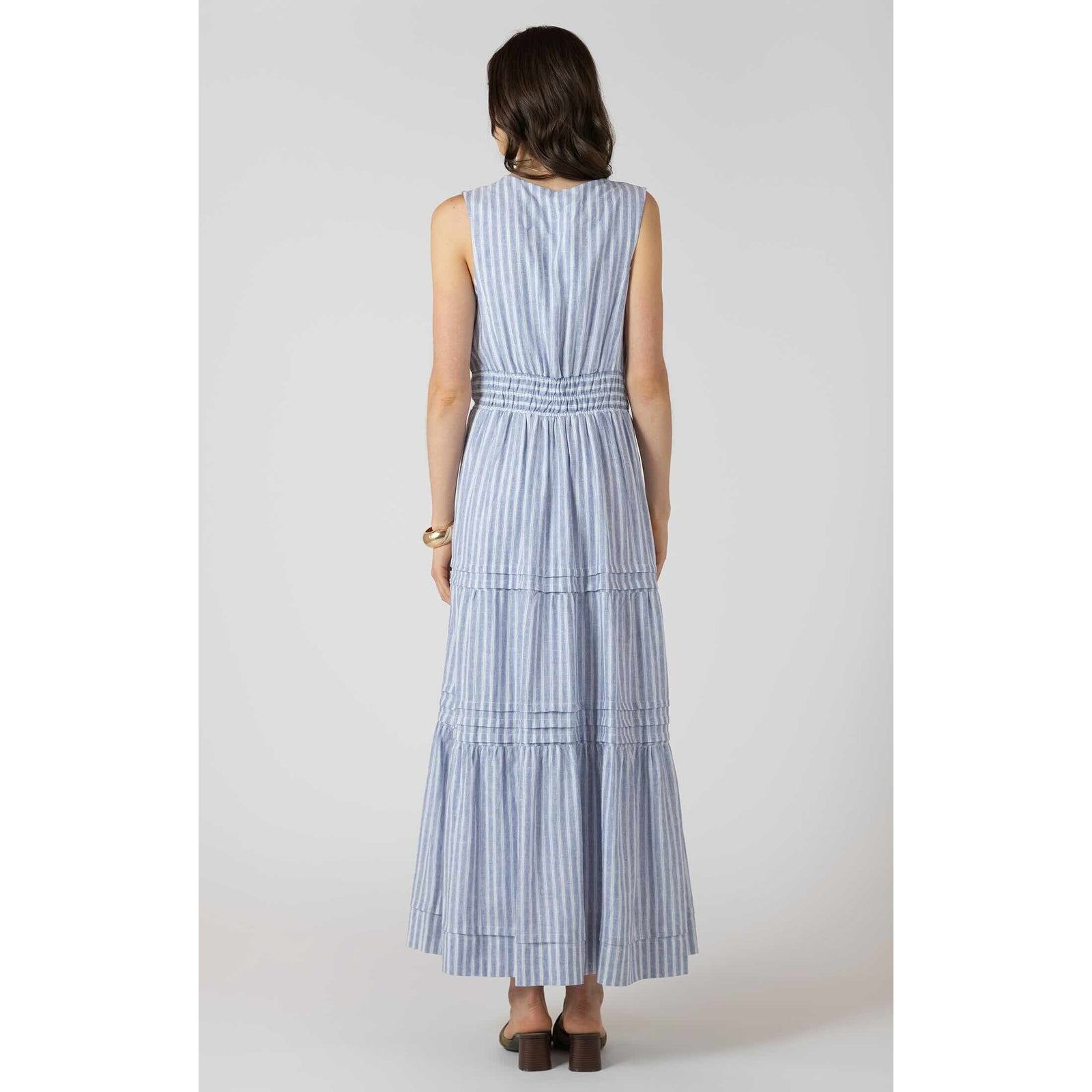 Dex Pleat Detail Smocked Waist Dress in Chambray Stripe, sleeveless maxi with smocked waist and tiered pleats.