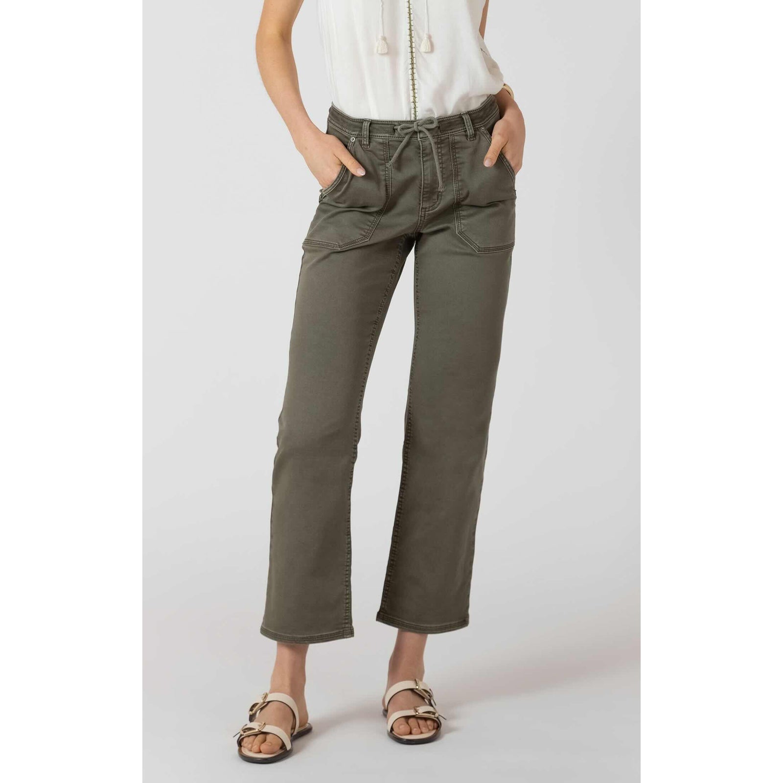 Dex Relaxed Stretch Twill Pant in olive green with drawstring waist and patch front pockets.