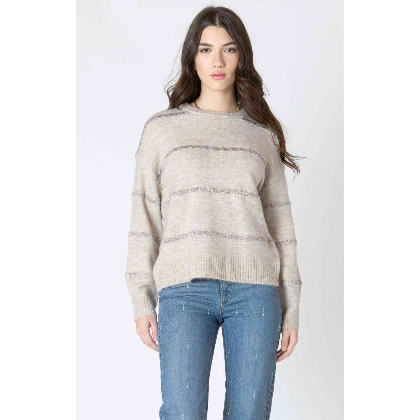 Beige Dex Sequin Stripe Sweater with long sleeves and silver sequin stripes.