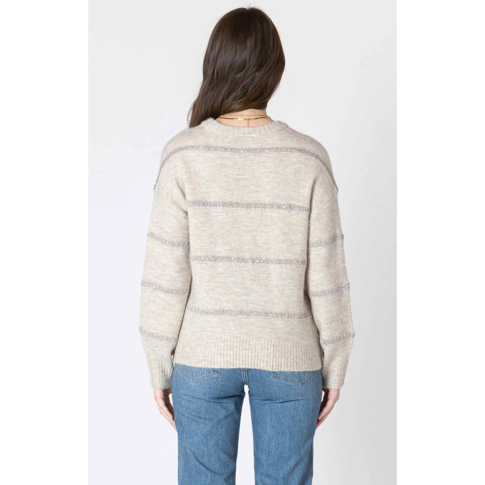 Dex Sequin Stripe Sweater: beige knit with silver sequin stripes, long sleeves, ribbed hem, back view.