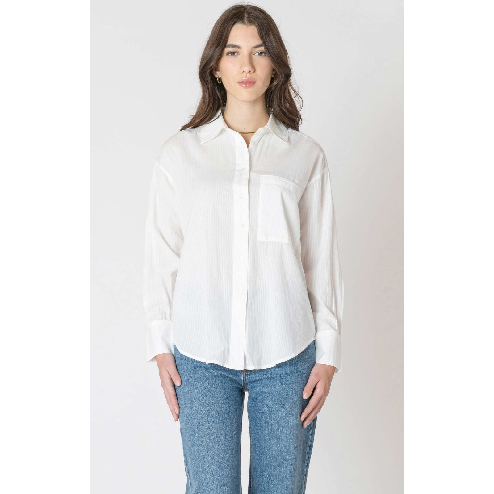 Dex Textured Button Front Shirt in crisp white with subtle texture and a chest pocket.