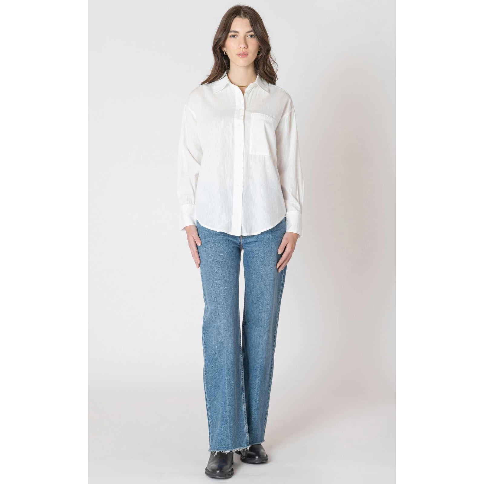 Dex Textured Button Front Shirt in crisp white with a chest pocket and long sleeves.