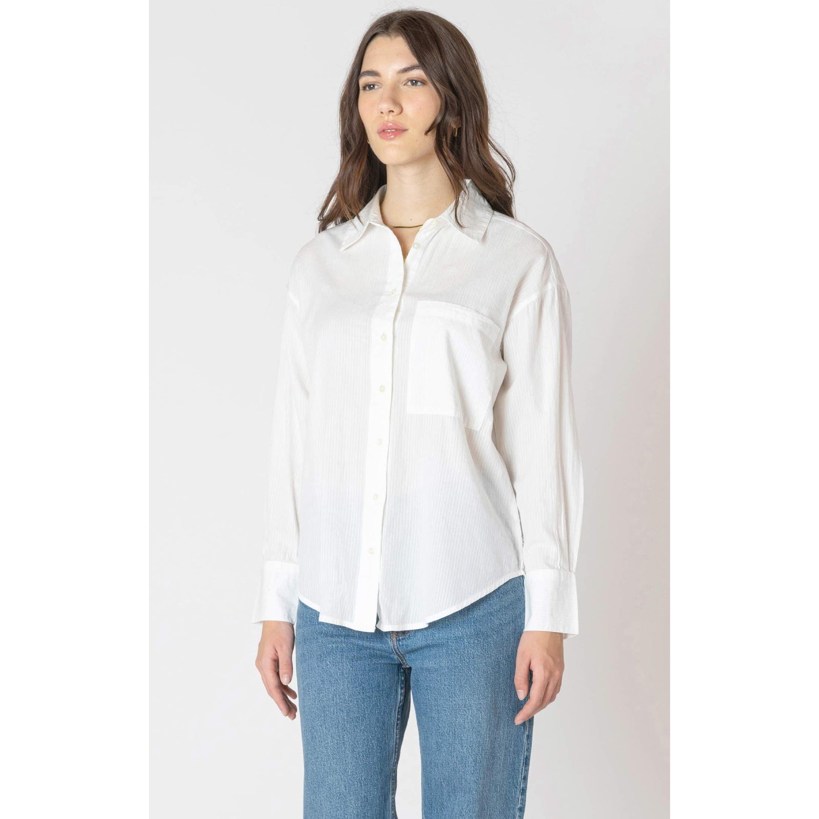 Dex Textured Button Front Shirt in crisp white woven fabric with refined texture, styled with denim.