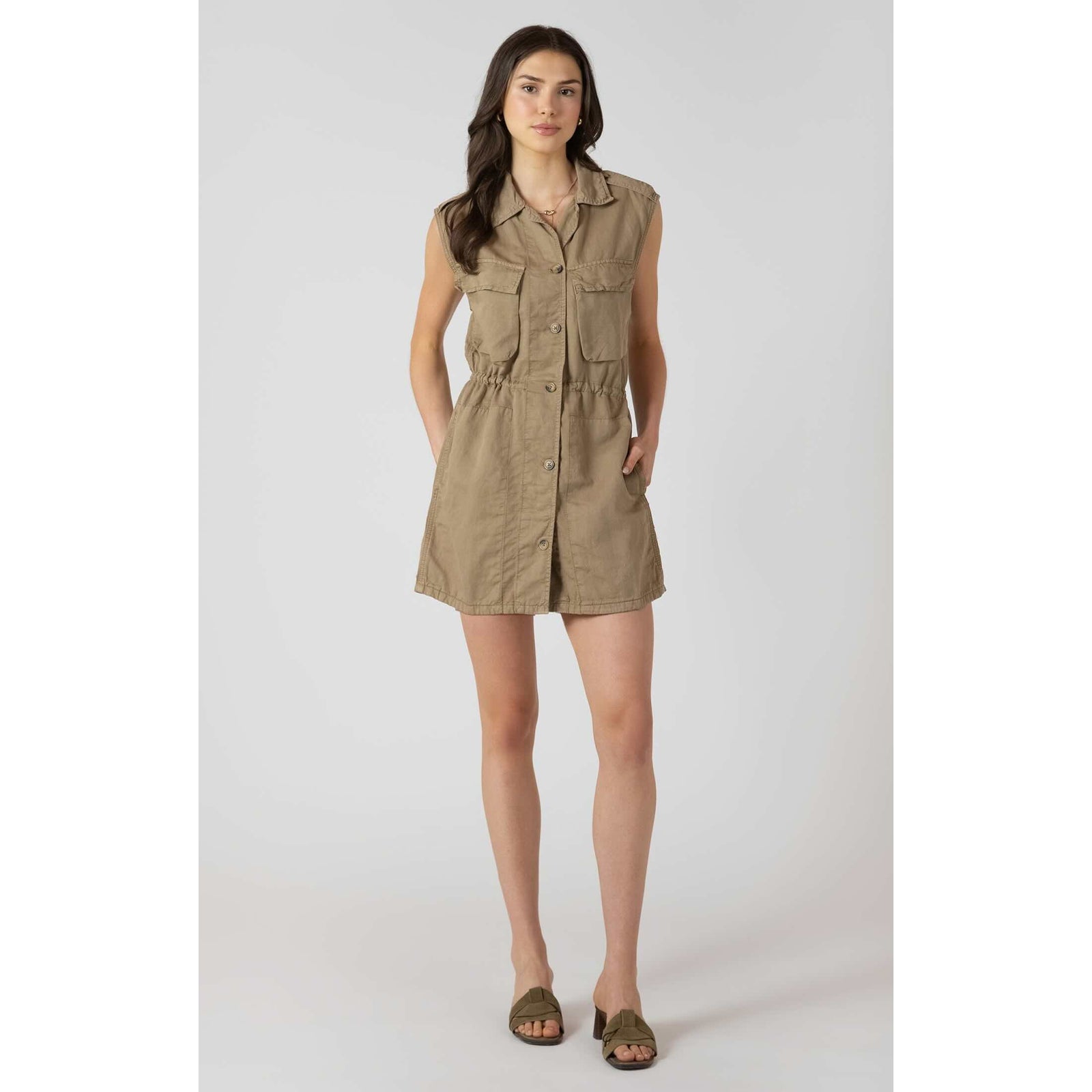 Dex Utility Drawstring Waist Mini Dress: tan sleeveless utility dress with pockets, cinched waist, button front.