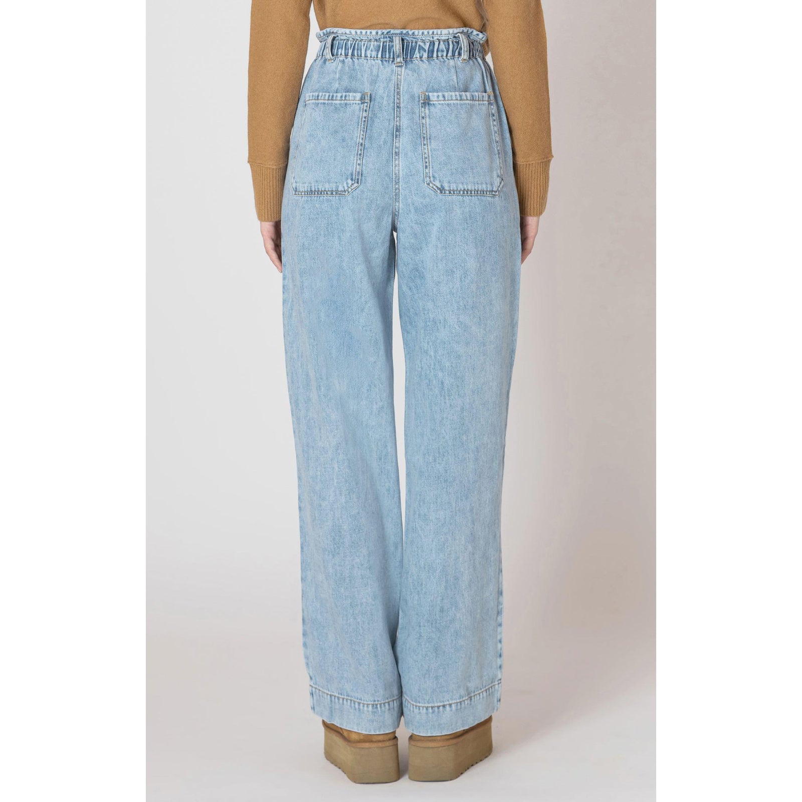 Breezy Dex Wide Leg Denim Pants in washed blue, featuring a drawstring waist and patch pockets for summer adventures.