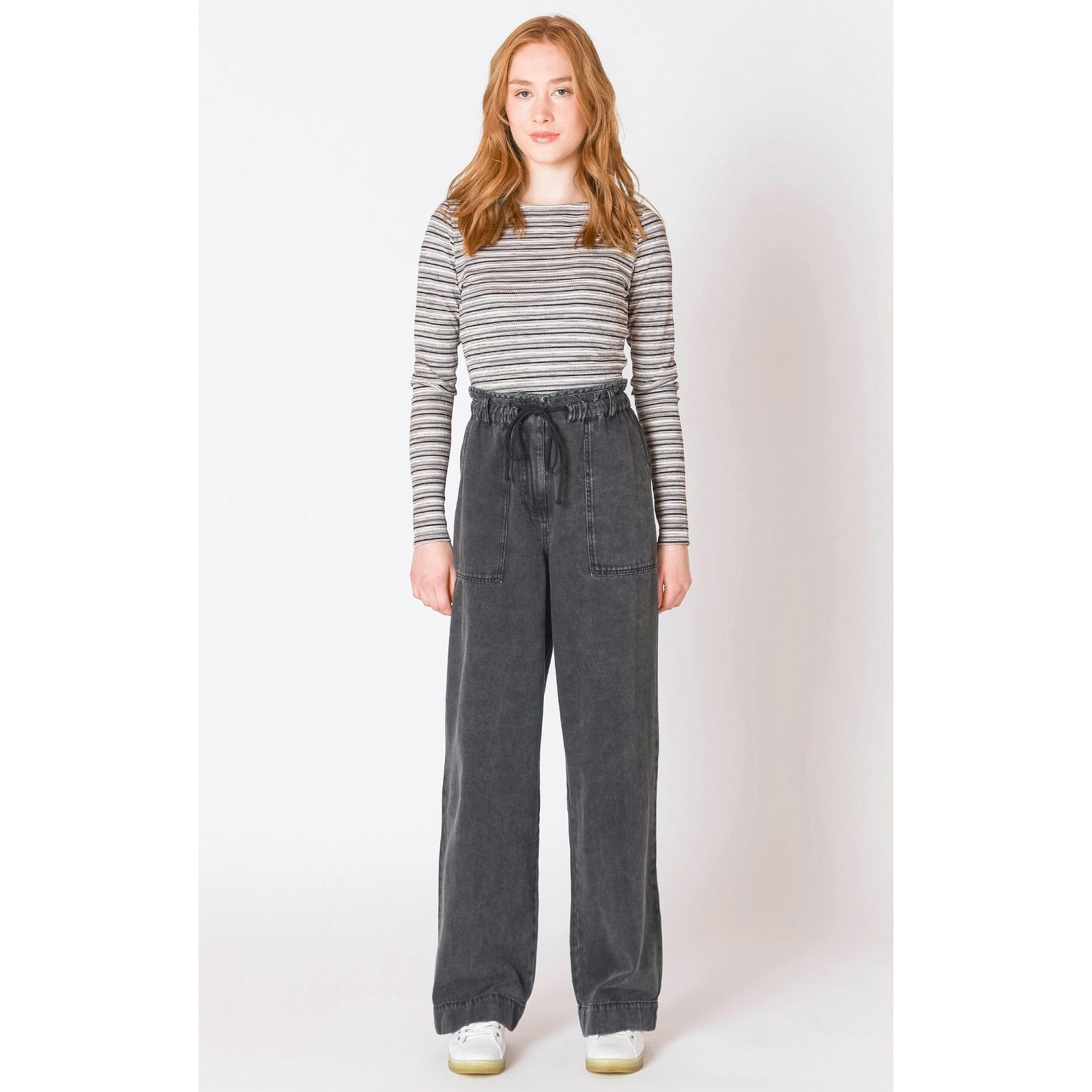 Stylish Dex Wide Leg Denim Pants with a comfy drawstring waist and patch pockets, perfect for summer adventures.