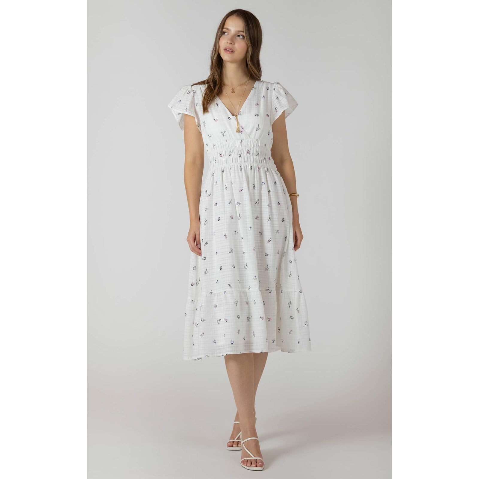 Dex Wrap Front Tiered Midi Dress: white floral wrap V-neck with smocked waist and flutter sleeves.