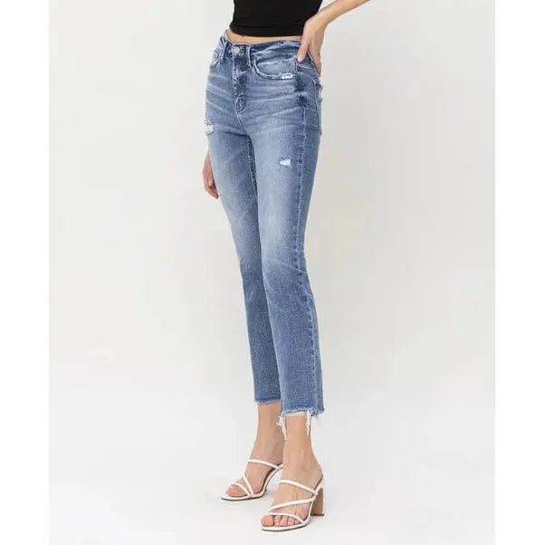 Flying Monkey Aspiration High Rise Slim Straight jeans with a chic fit and raw hemline for stylish comfort.