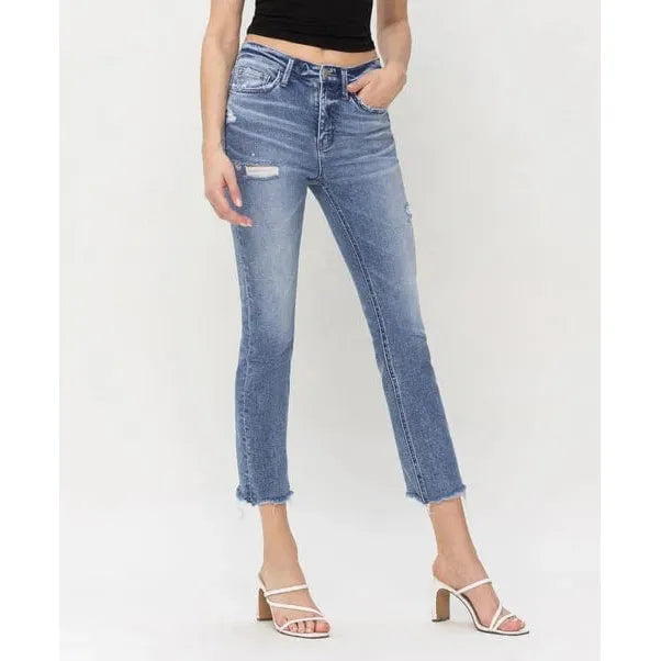 Stylish Flying Monkey Aspiration High Rise Slim Straight jeans with a chic raw hemline and comfortable fit.