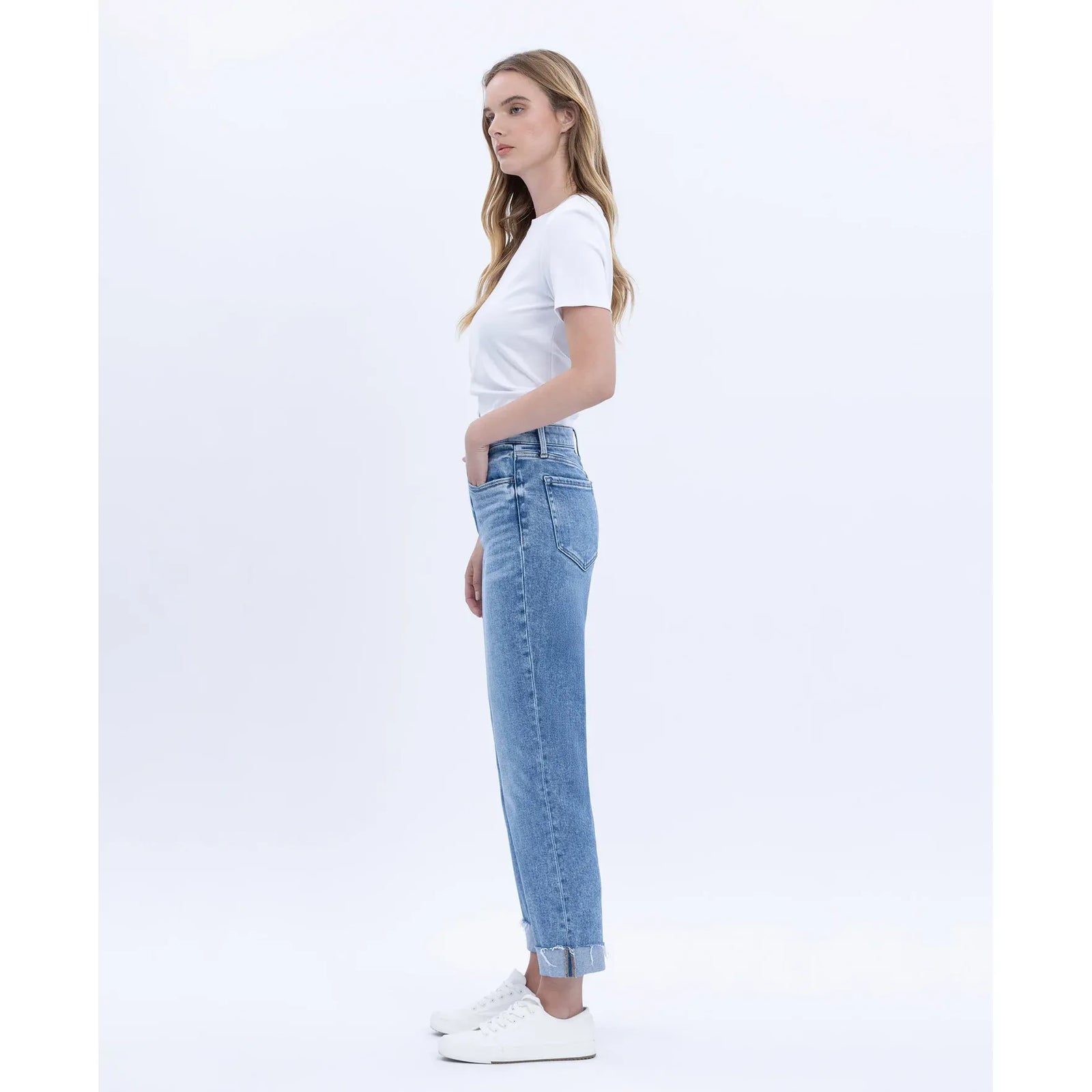 Model in light wash Flying Monkey Delectable High Rise Straight Cuffed Crop jeans, high-waisted cropped straight leg.