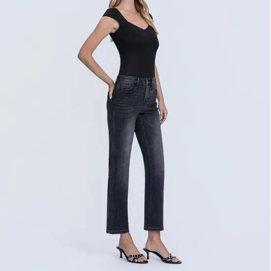 Flying Monkey Luminary high rise ankle straight jeans in dark wash denim. Flattering fit with a sleek leg and hem above the ankle.
