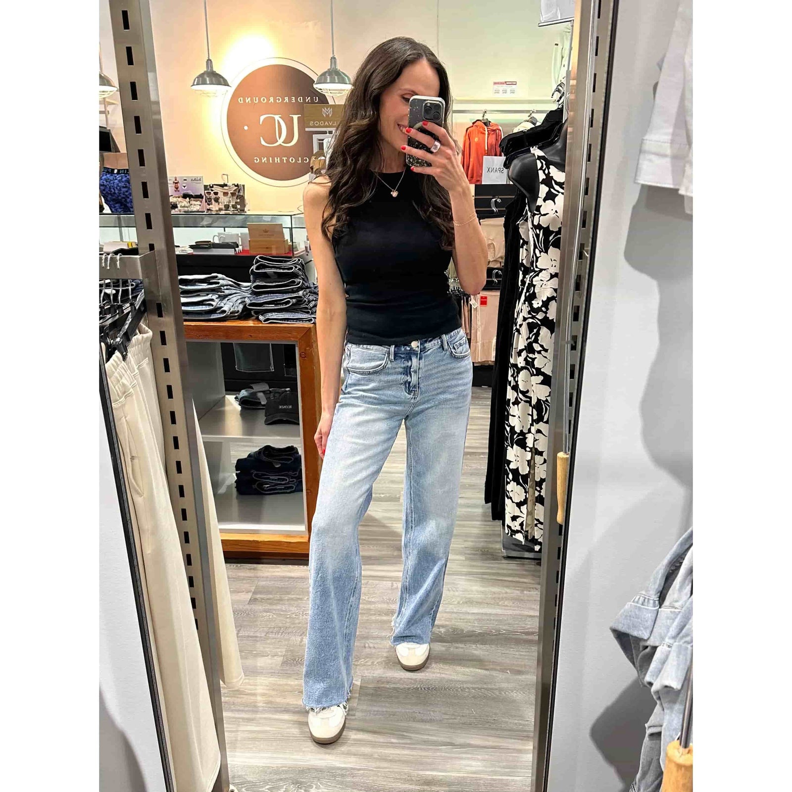 Flying Monkey Modernity Raw Hem High Rise Wide Leg jeans in light wash with black sleeveless top, store mirror selfie