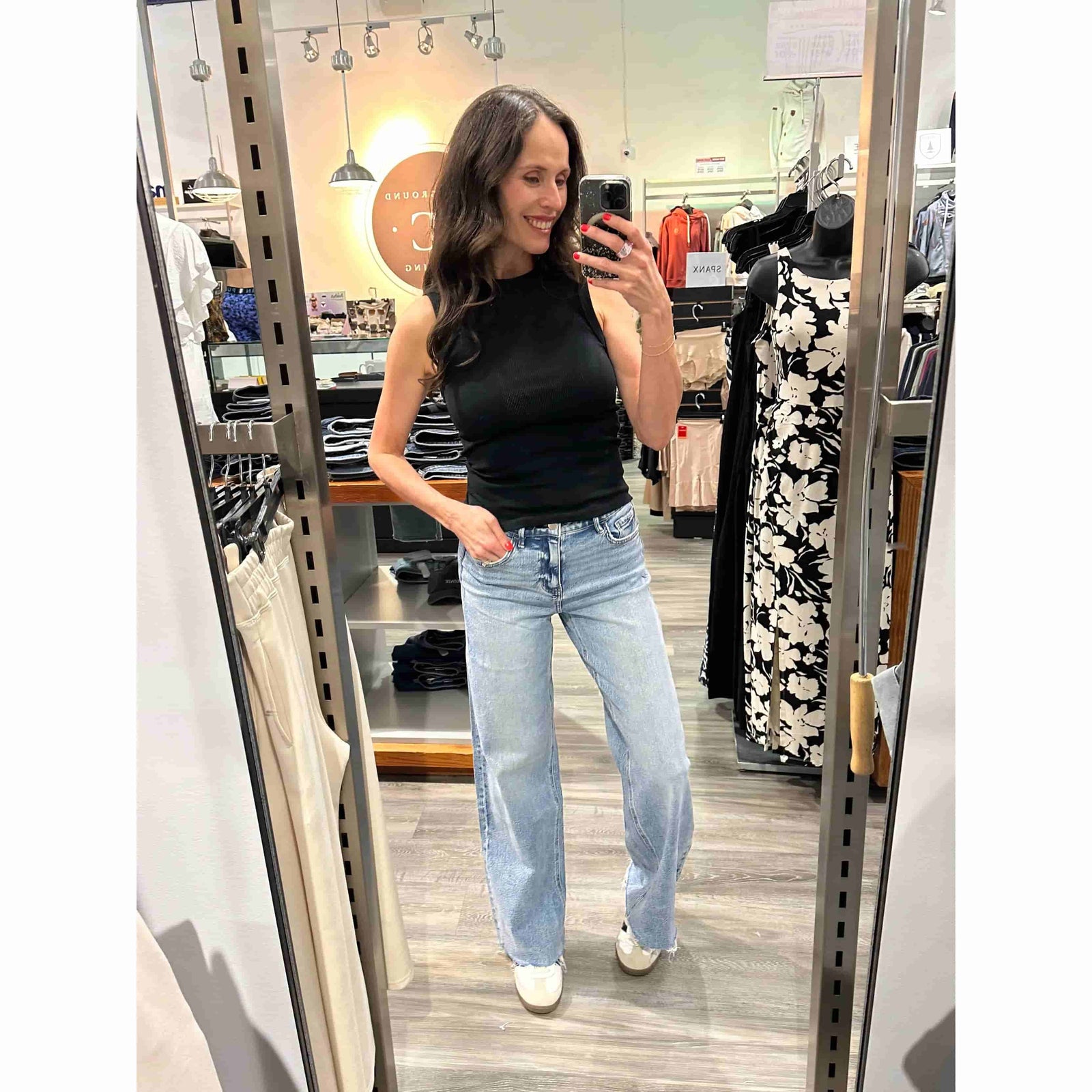 Flying Monkey Modernity Raw Hem High Rise Wide-Leg Jeans in comfort stretch denim, 10¼ rise, 32in inseam on model.