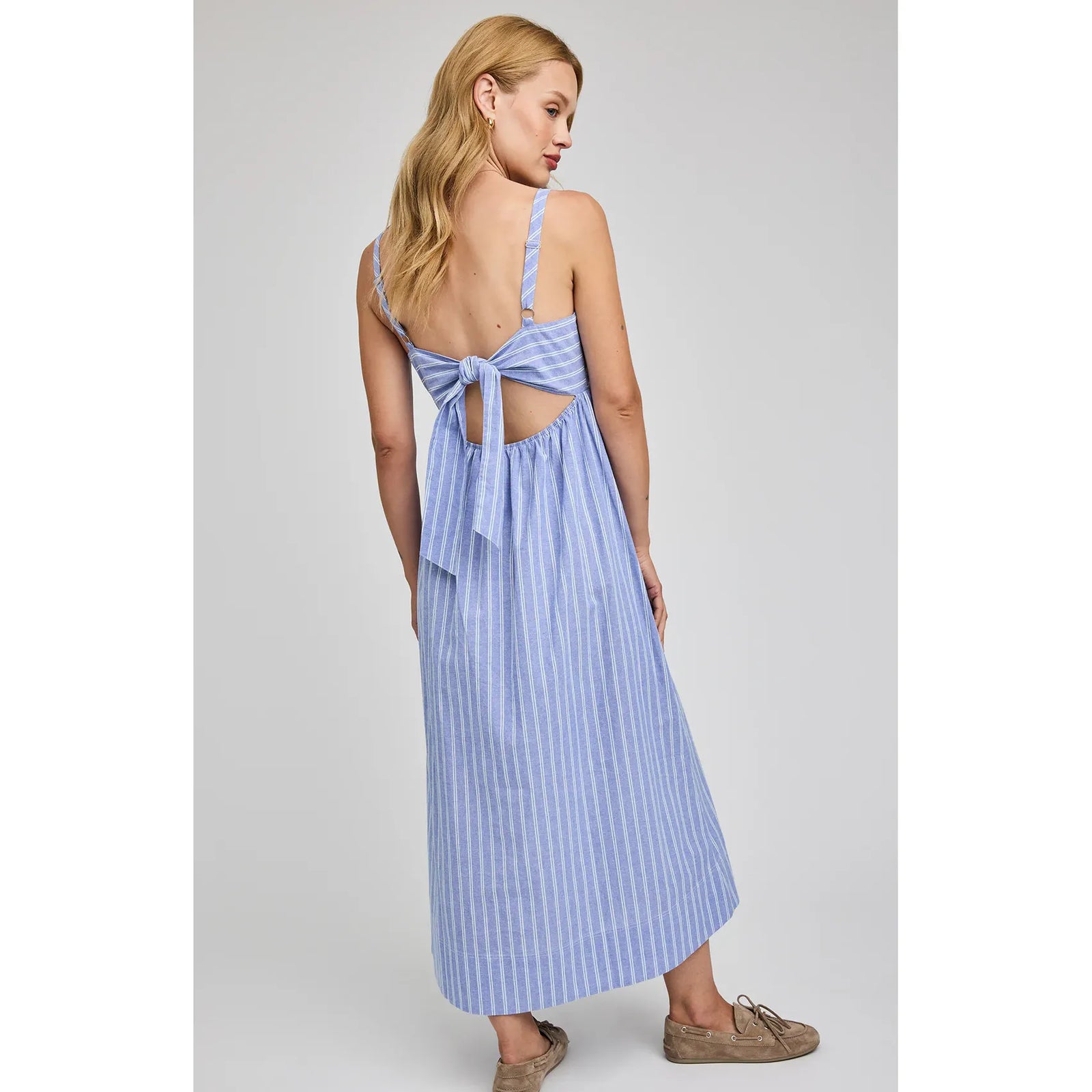 Blue-and-white striped cotton poplin Alicia dress with adjustable straps and back bow.