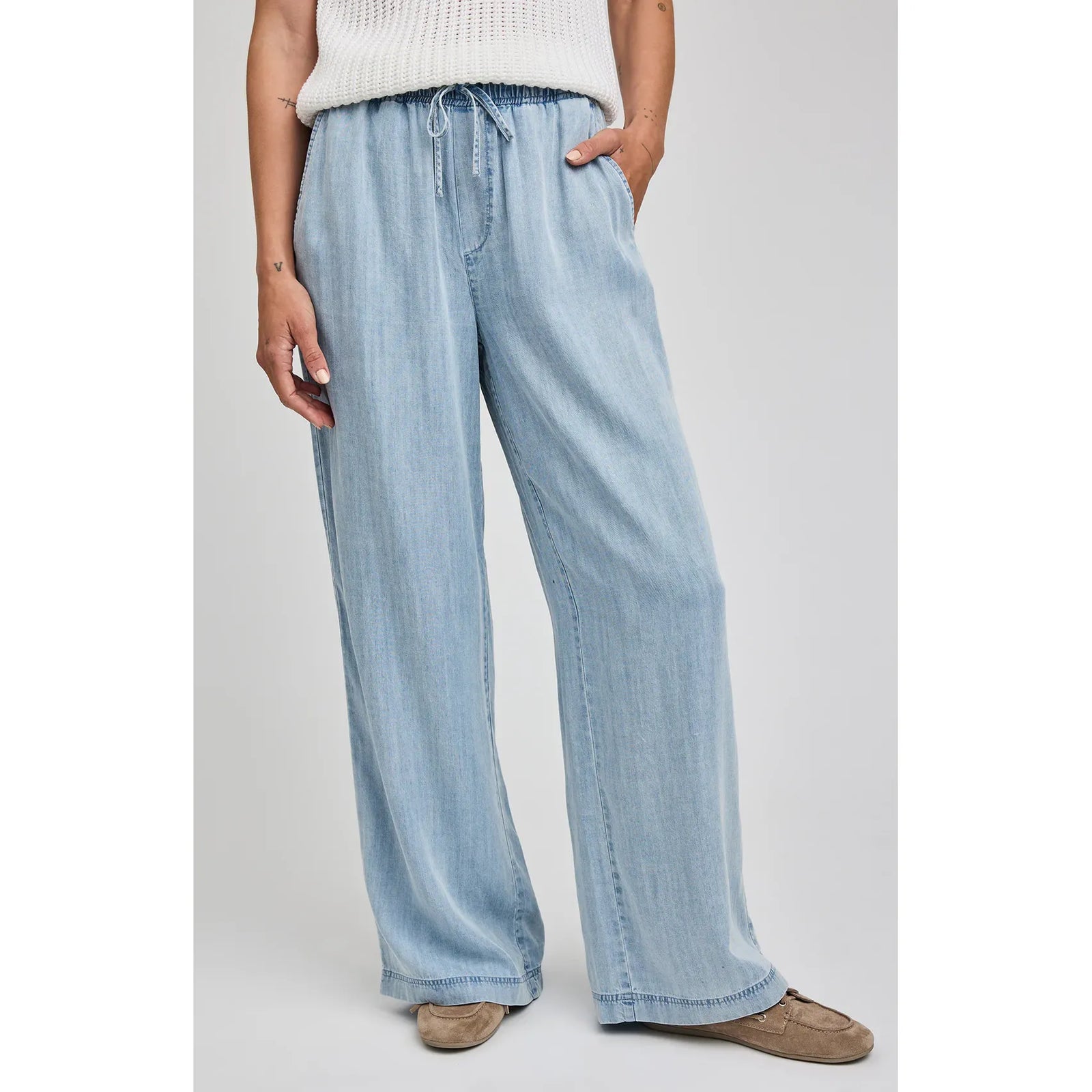 Gentle Fawn Camille Pant in light blue Tencel, wide-leg with drawstring waist and pockets.
