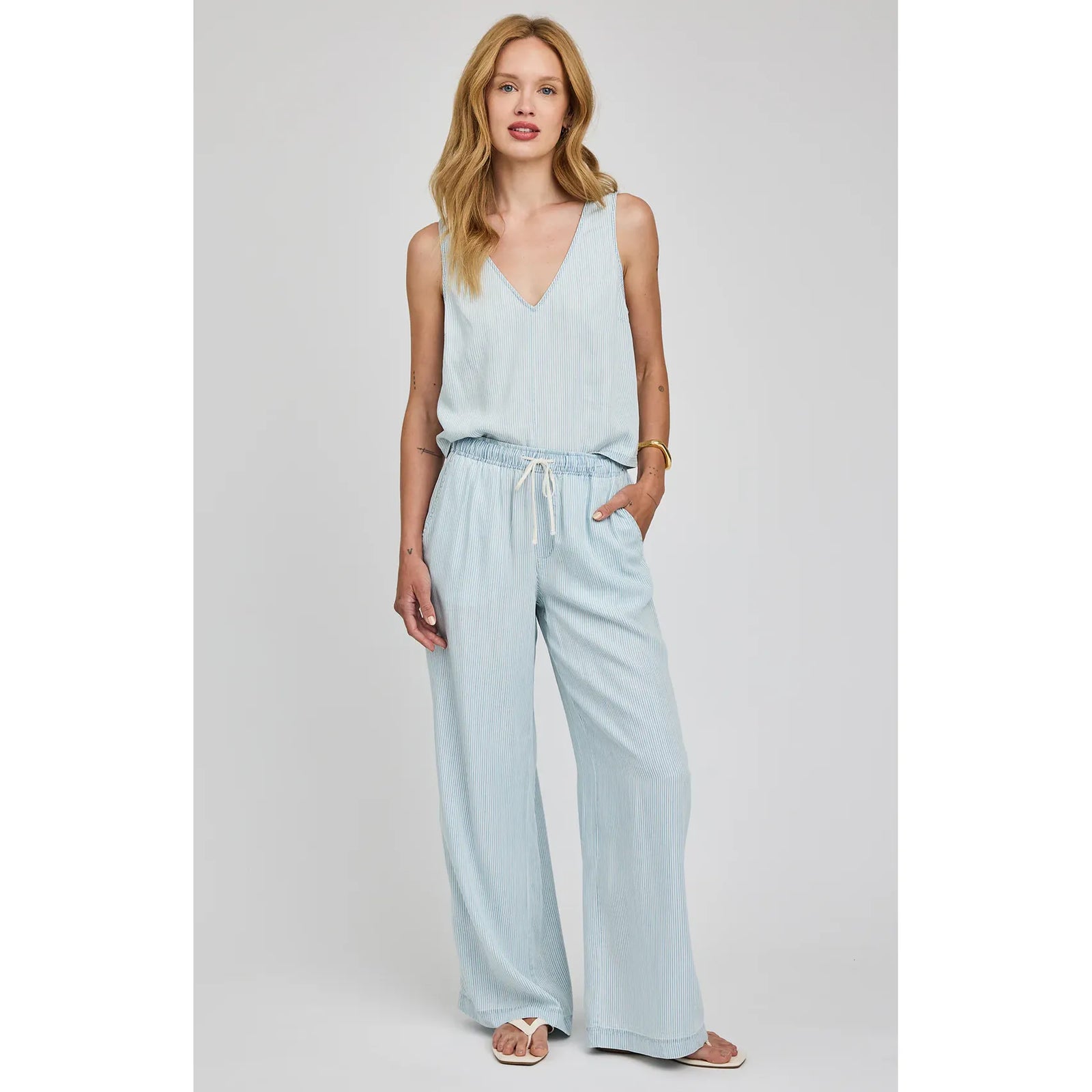 Gentle Fawn Camille Pant, 100% Tencel, light blue striped, wide-leg with elastic drawcord waist and slash pockets.