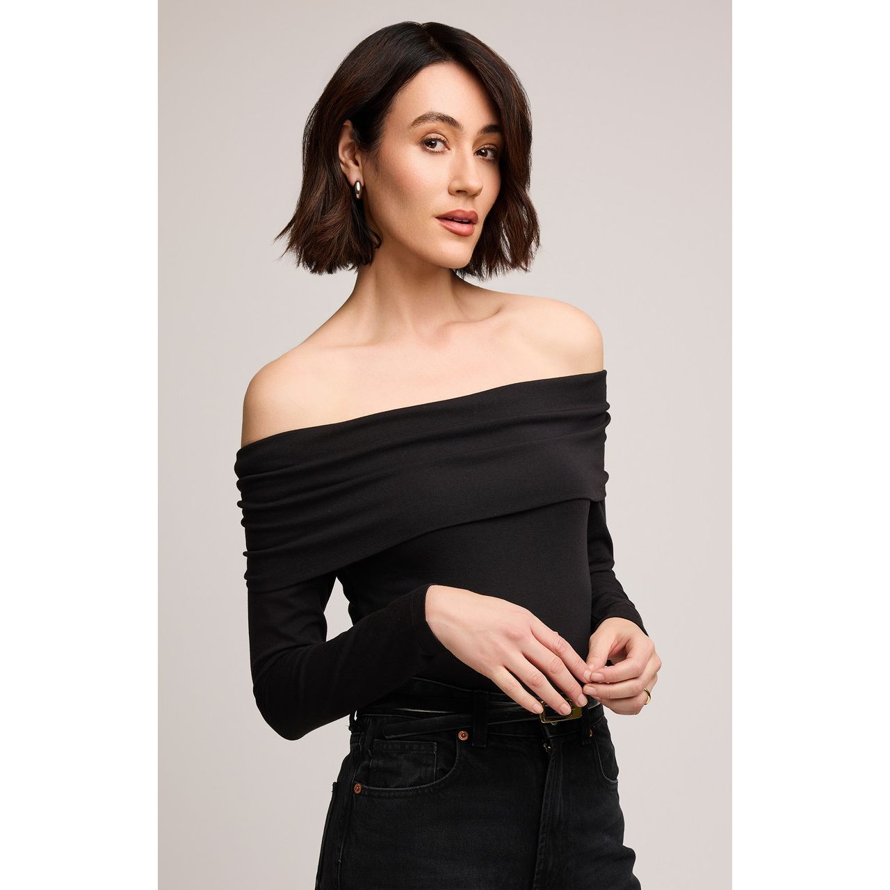 Gentle Fawn Charlize Top in black with off-the-shoulder neckline, long sleeves, cotton-modal for date-night elegance.