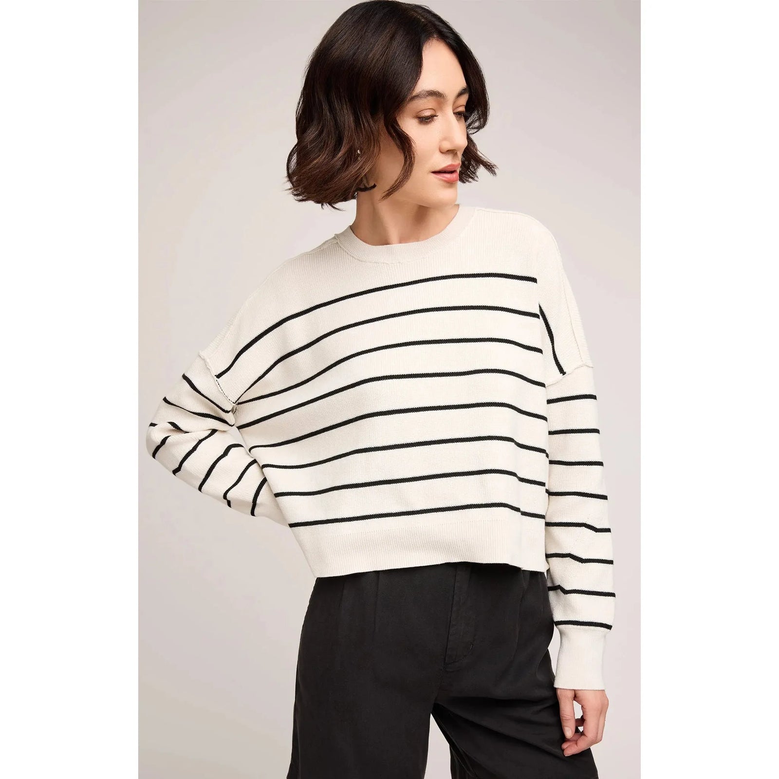 Gentle Fawn Echo Sweater in cream with black stripes, oversized knit for cozy layering.