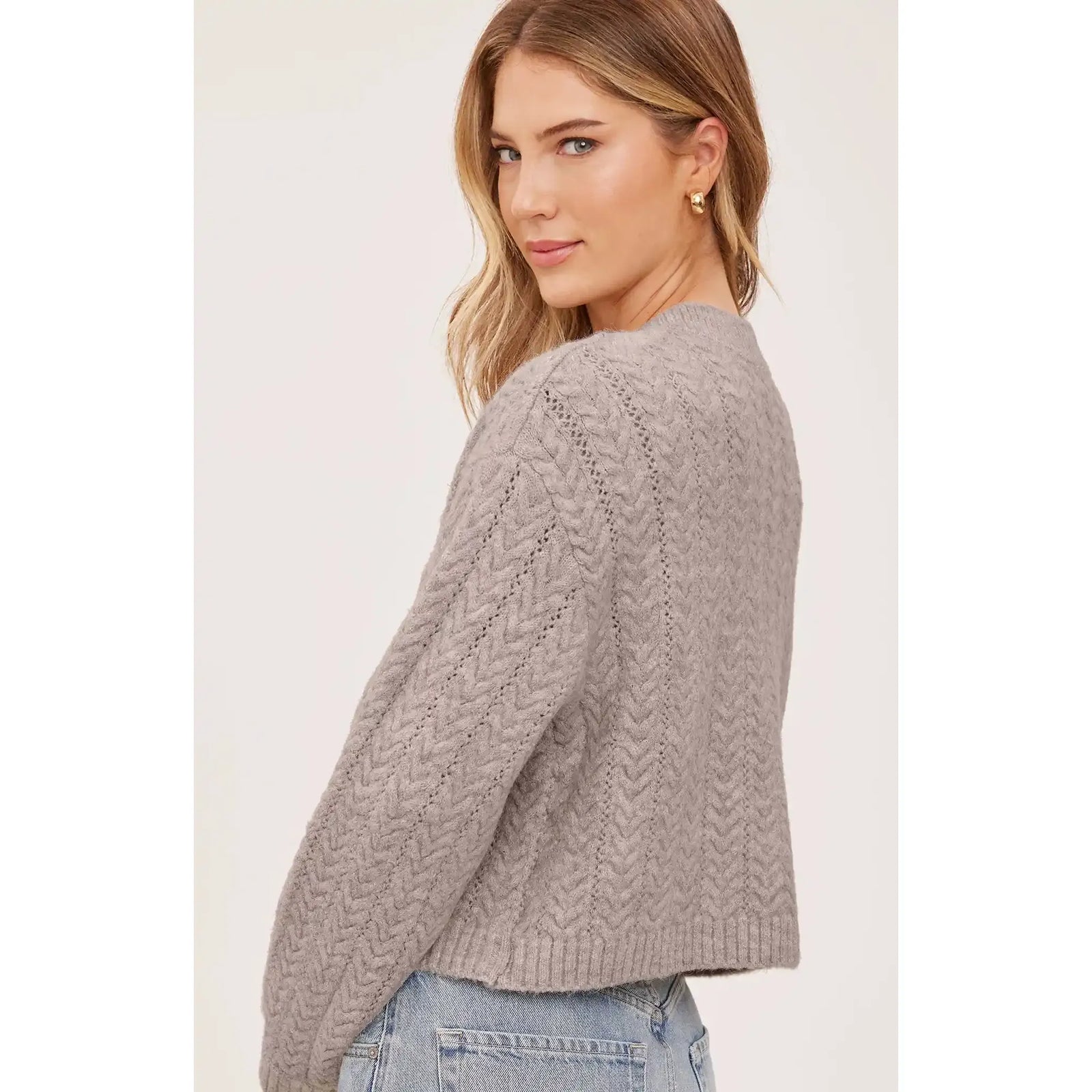 Gentle Fawn Esme Cardigan in fawn with textured cable knit pattern, featuring a relaxed fit and soft bouclé yarn details.