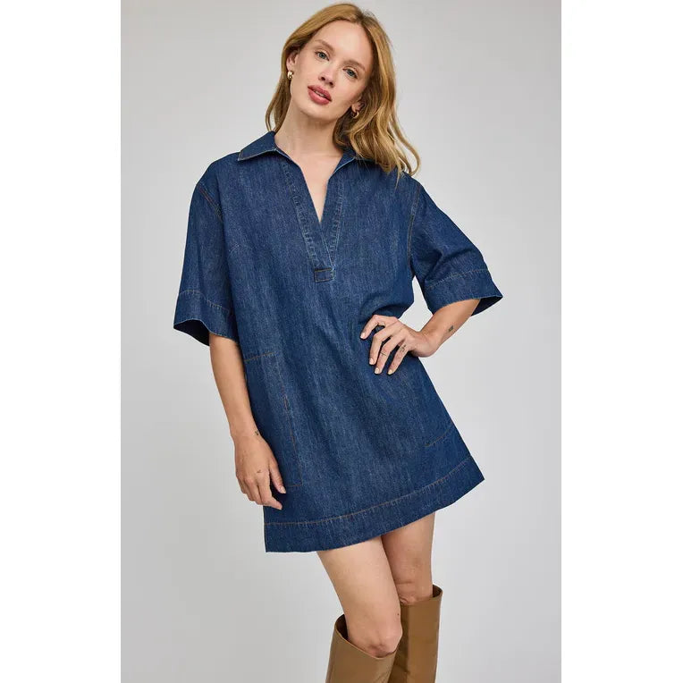 Gentle Fawn Evelina Denim Mini Dress in premium washed denim with a flattering V-neck collar.
