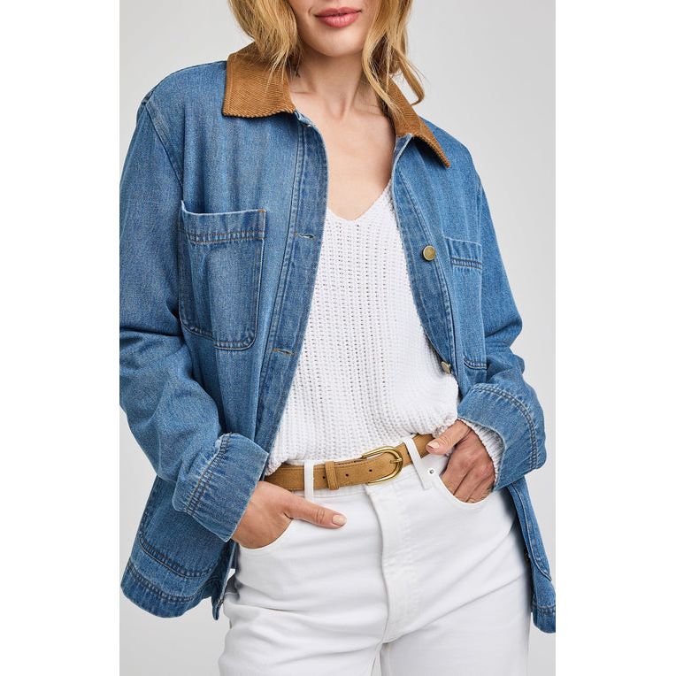 Gentle Fawn Flynn Jacket in heavyweight denim with brown corduroy collar and patch pockets, on model.