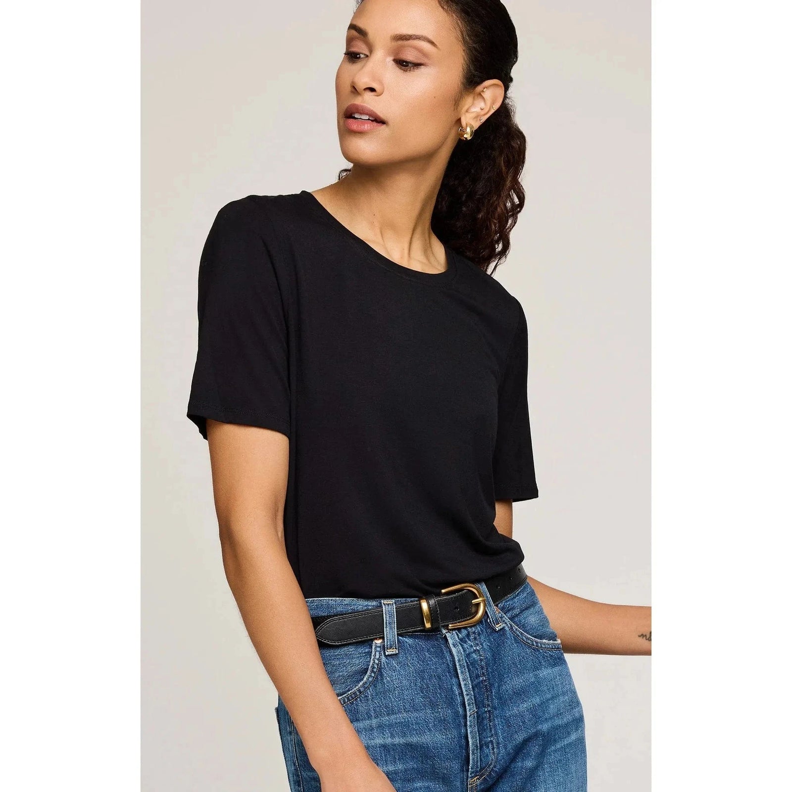 Gentle Fawn Brielle TShirt in black on a model, EcoVero rayon jersey, crew neck, relaxed fit, 95% rayon 5% spandex.