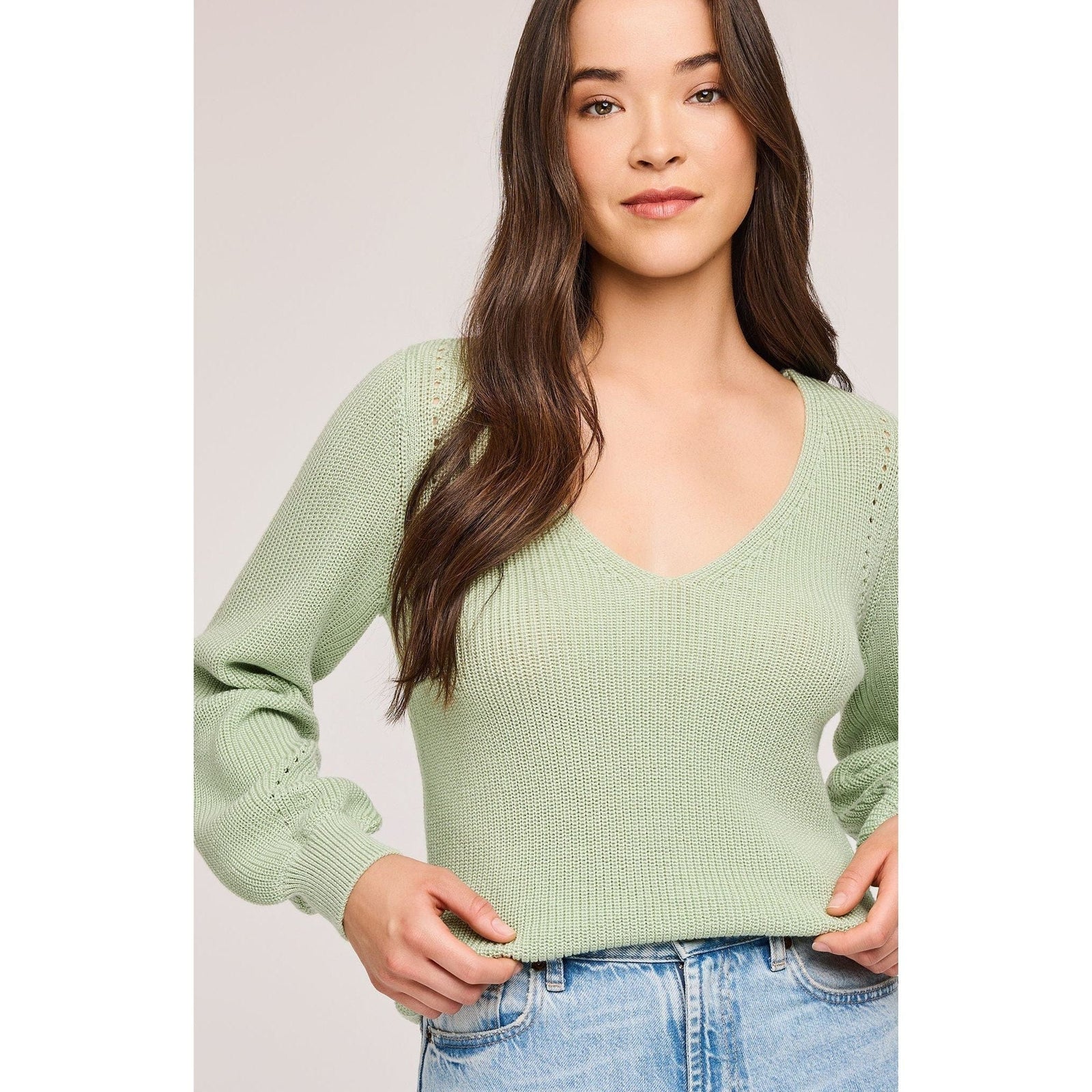 Gentle Fawn Hailey Pullover Sweater in sage green with V-neck, heathered knit, and voluminous balloon sleeves.