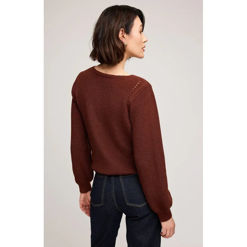 Gentle Fawn Hailey Pullover Sweater on model; rust knit, balloon sleeves, back view.
