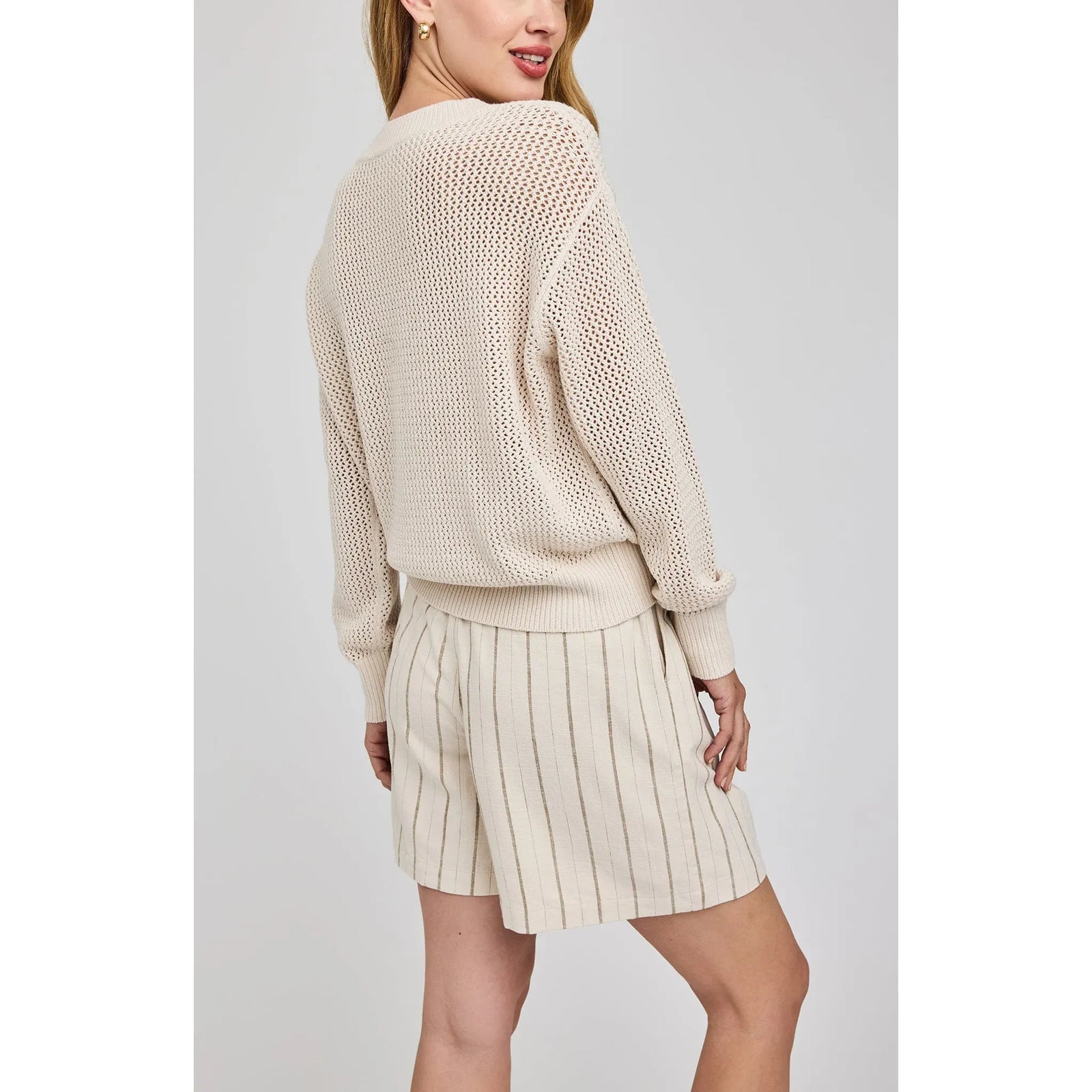 Beige Jensen V-Neck Pullover in open-knit yarn with relaxed fit for effortless layering.