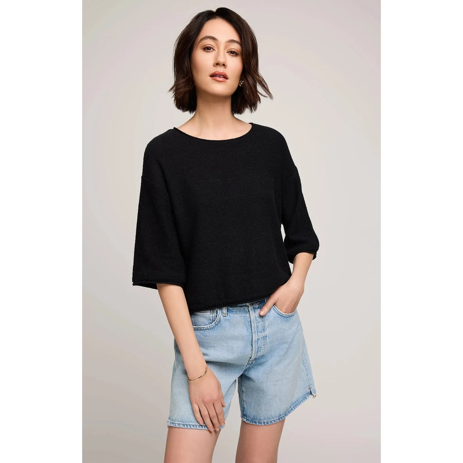 Gentle Fawn Kerrigan Sweater in black slub-knit with relaxed fit and rolled hem.