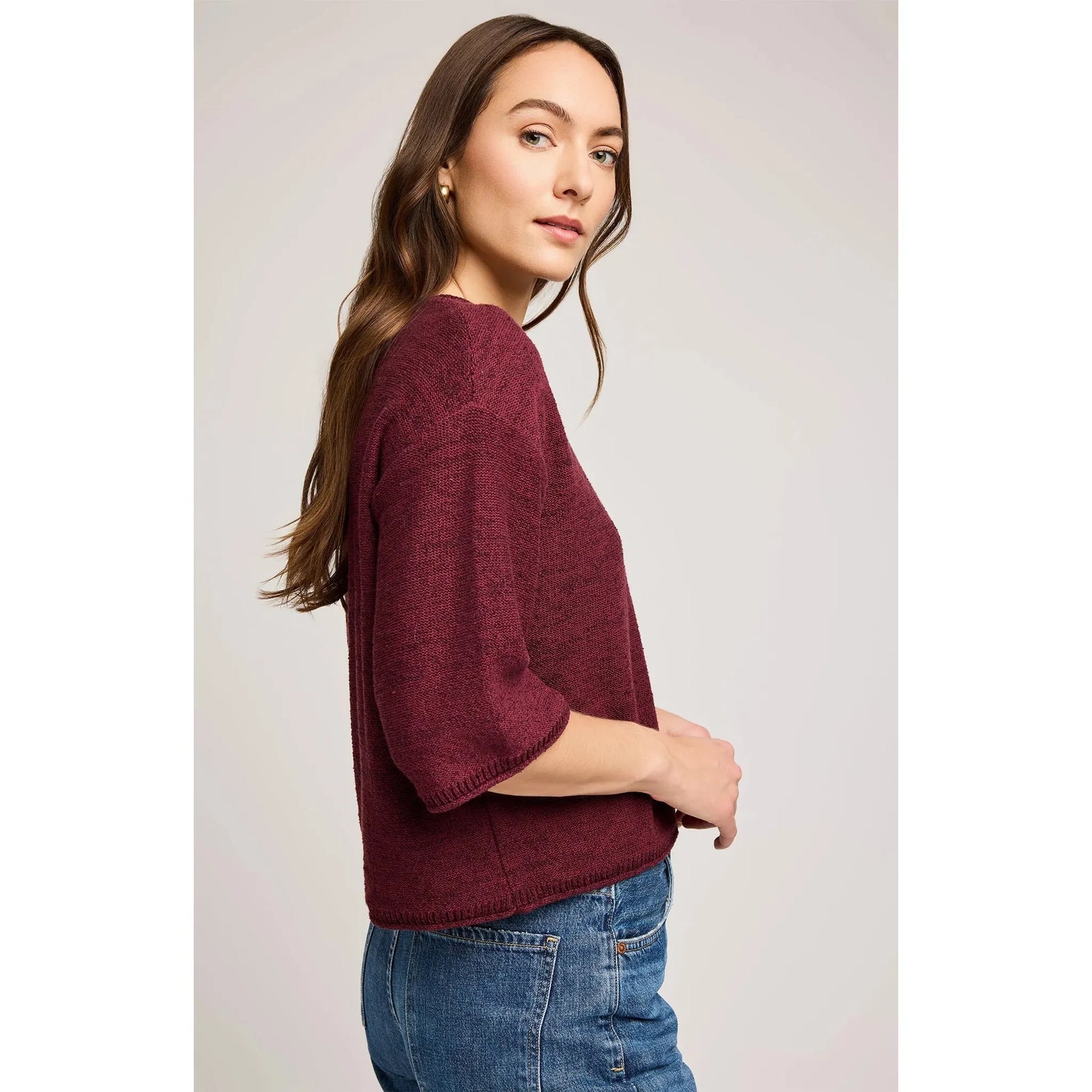 Gentle Fawn Kerrigan Sweater merlot on model, slub-knit, relaxed fit with rolled hem for a cozy, casual look.