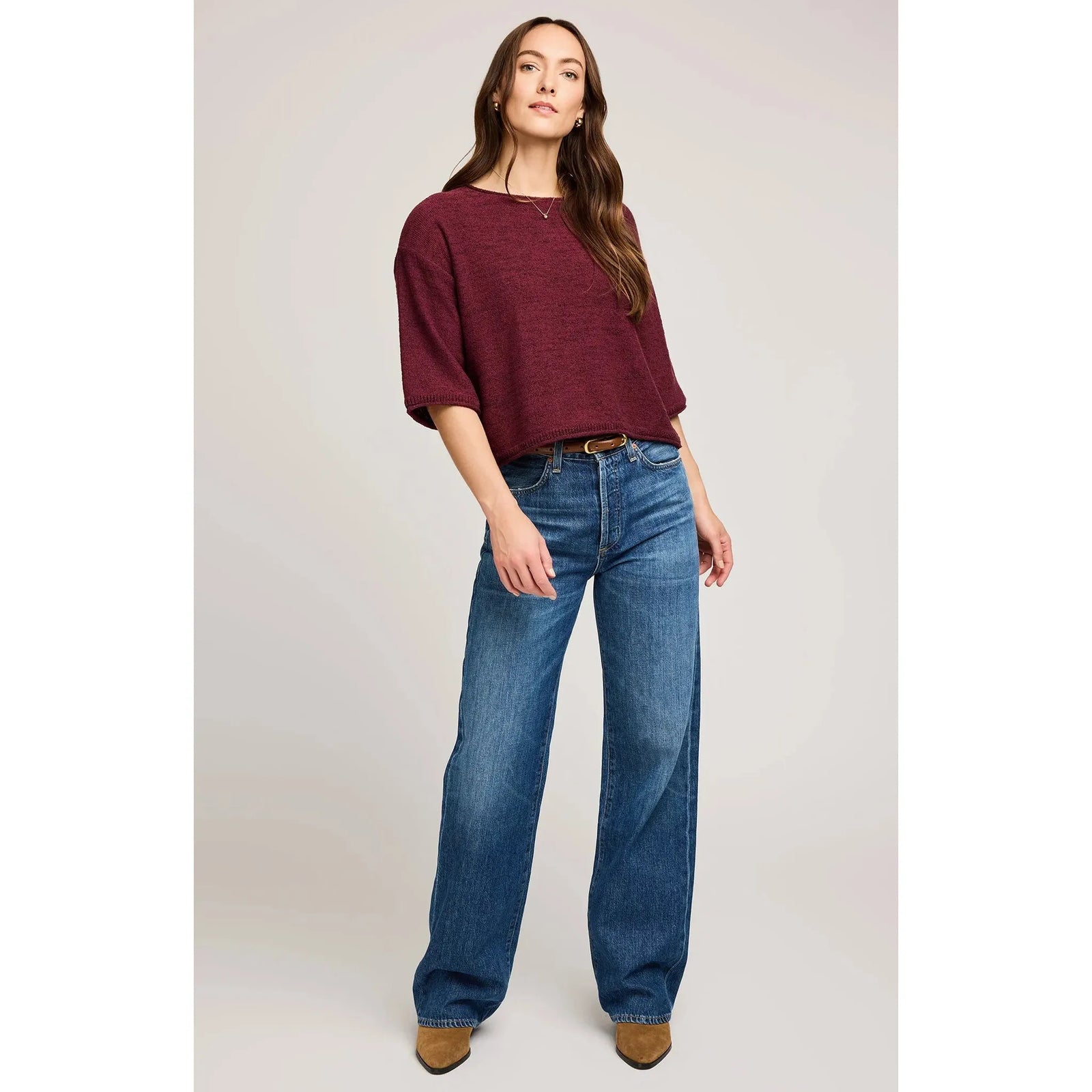 Gentle Fawn Kerrigan Sweater in merlot with relaxed fit and textured slub yarn on a model.