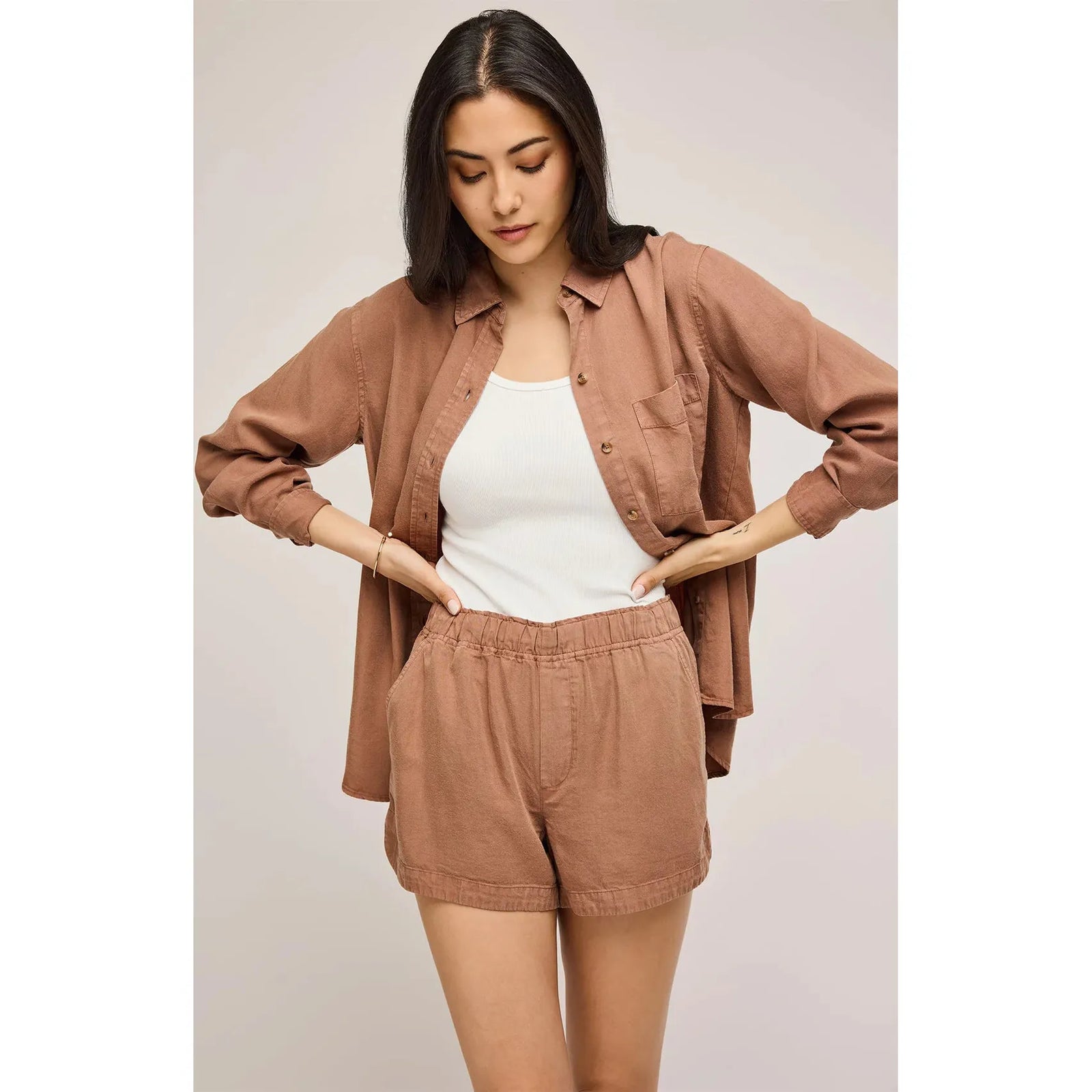 Stylish Gentle Fawn Wyatt Short in soft Tencel with elastic waistband, paired with an Ozzy button-down shirt.