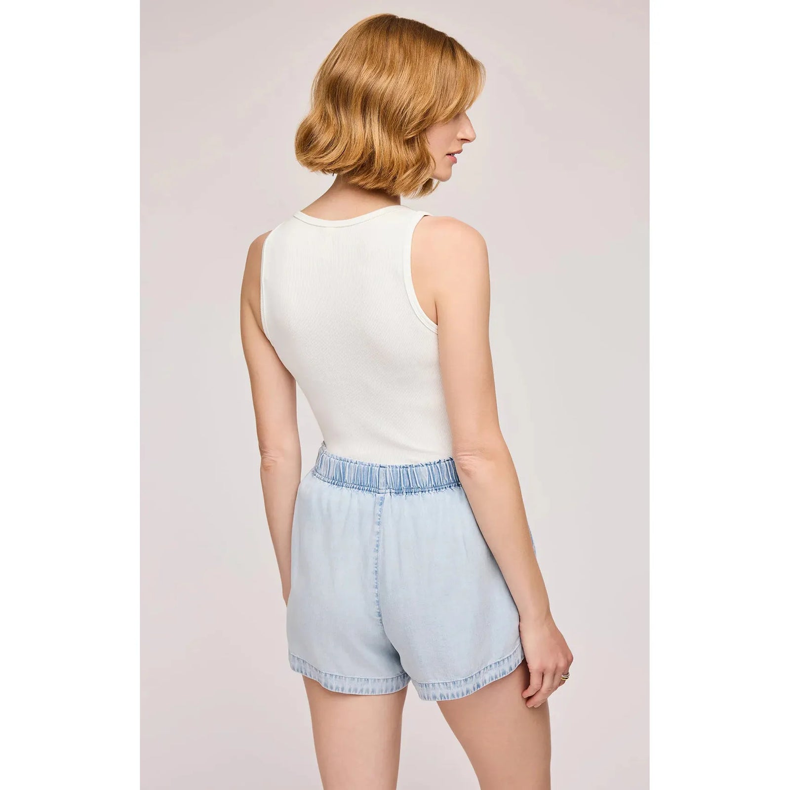 Gentle Fawn Wyatt Short in light blue features a soft Tencel fabric, elastic waistband, and pockets, perfect for summer style.