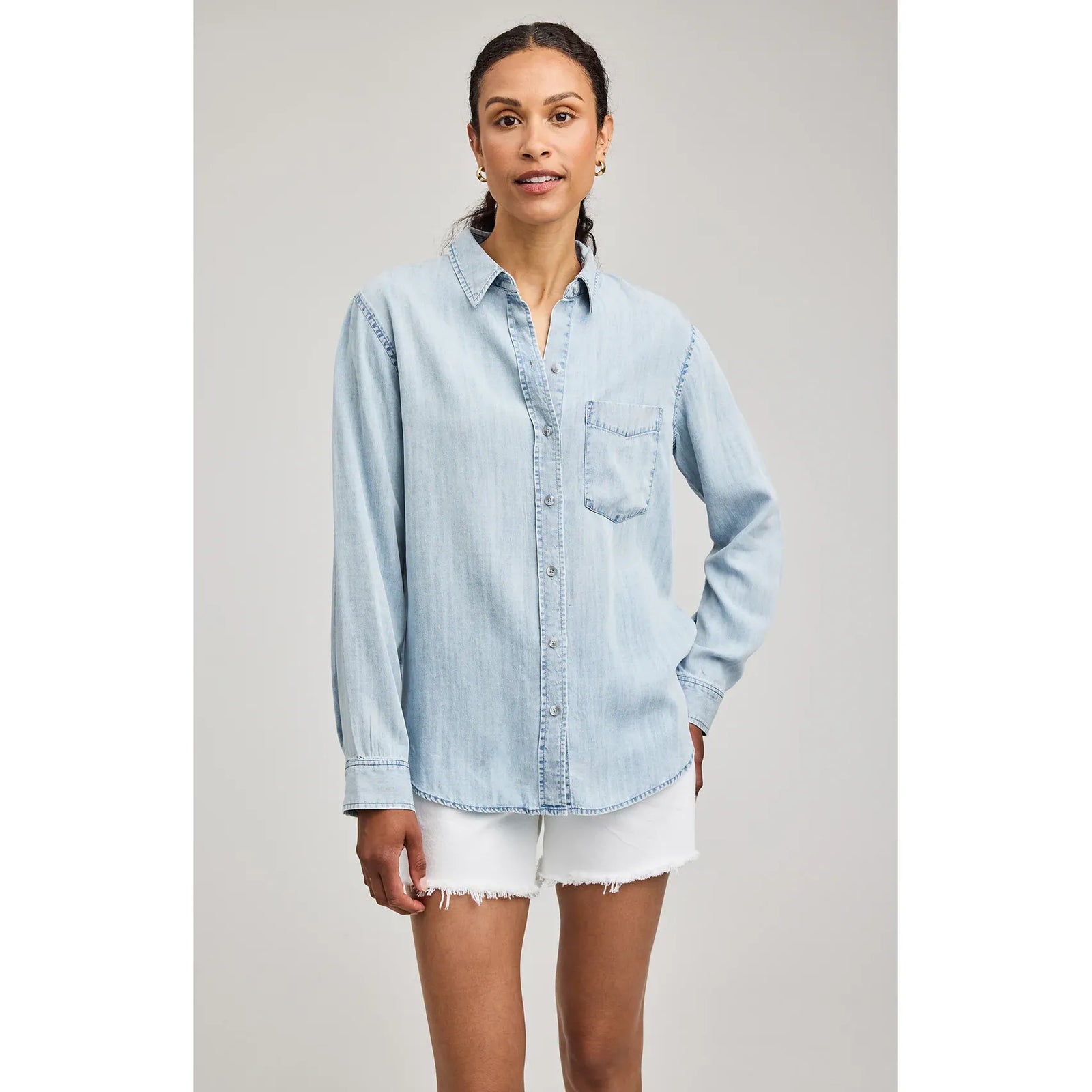 Gentle Fawn Ozzy Button Down Shirt in light denim, 100% Tencel with a washed, textured finish; versatile as buttoned or open.