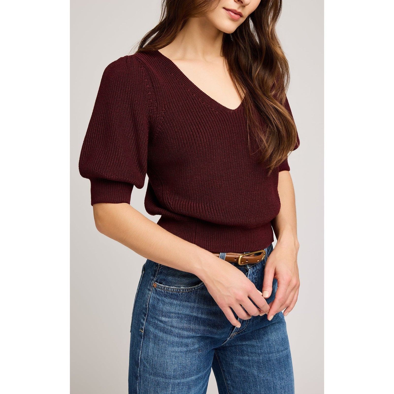 Gentle Fawn Phoebe V-Neck Sweater in merlot, cozy knit with puff sleeves.