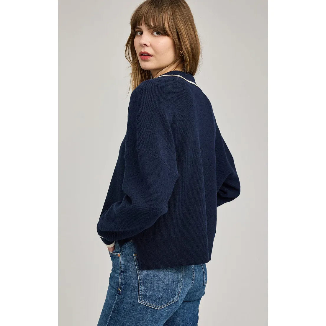 Gentle Fawn Tristan V-Neck Sweater in navy, a cozy half-cardigan knit with a sharp V-neck.
