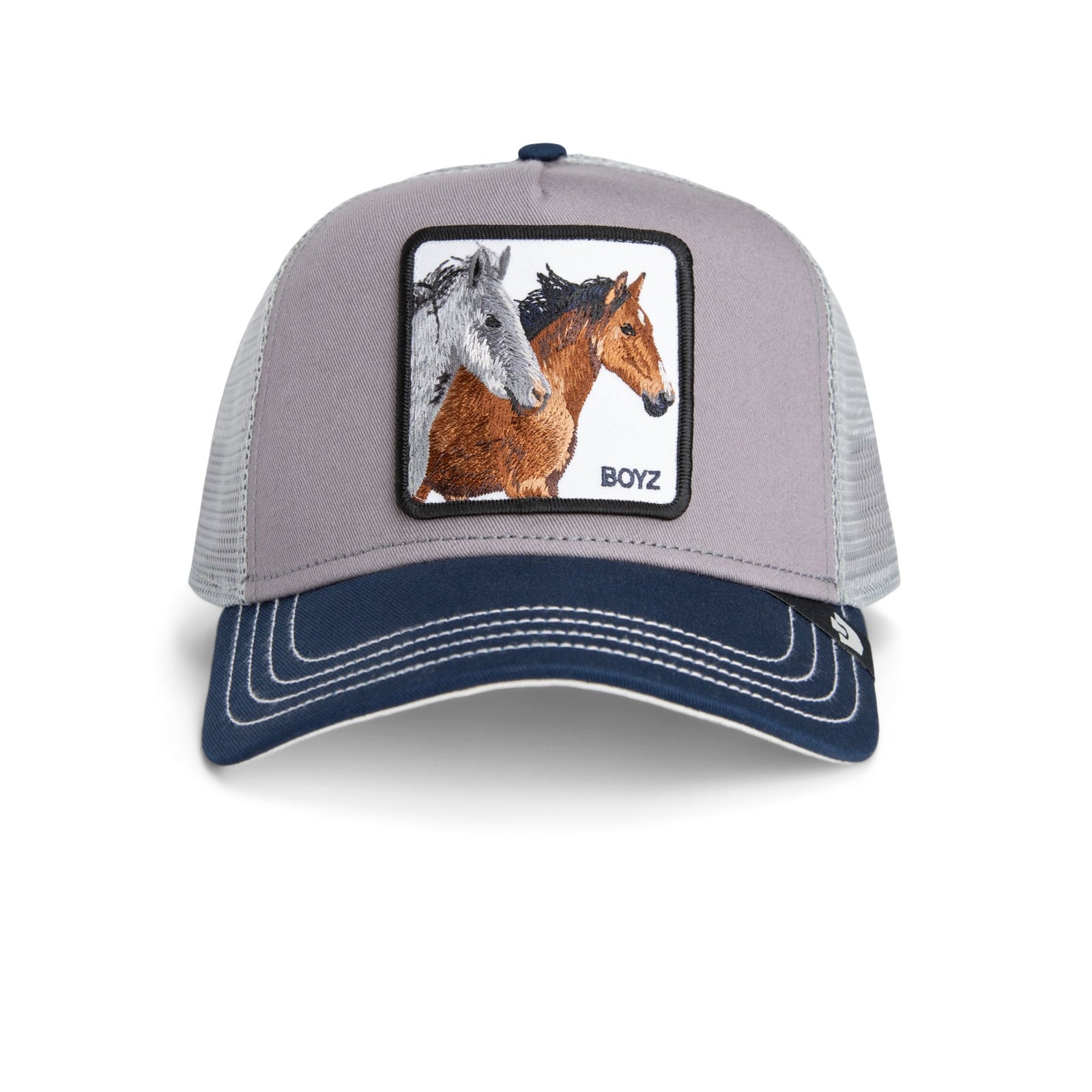 Goorin Boyz Trucker Hat features a grey crown, navy brim, white stitching, and a patch with two ponies.