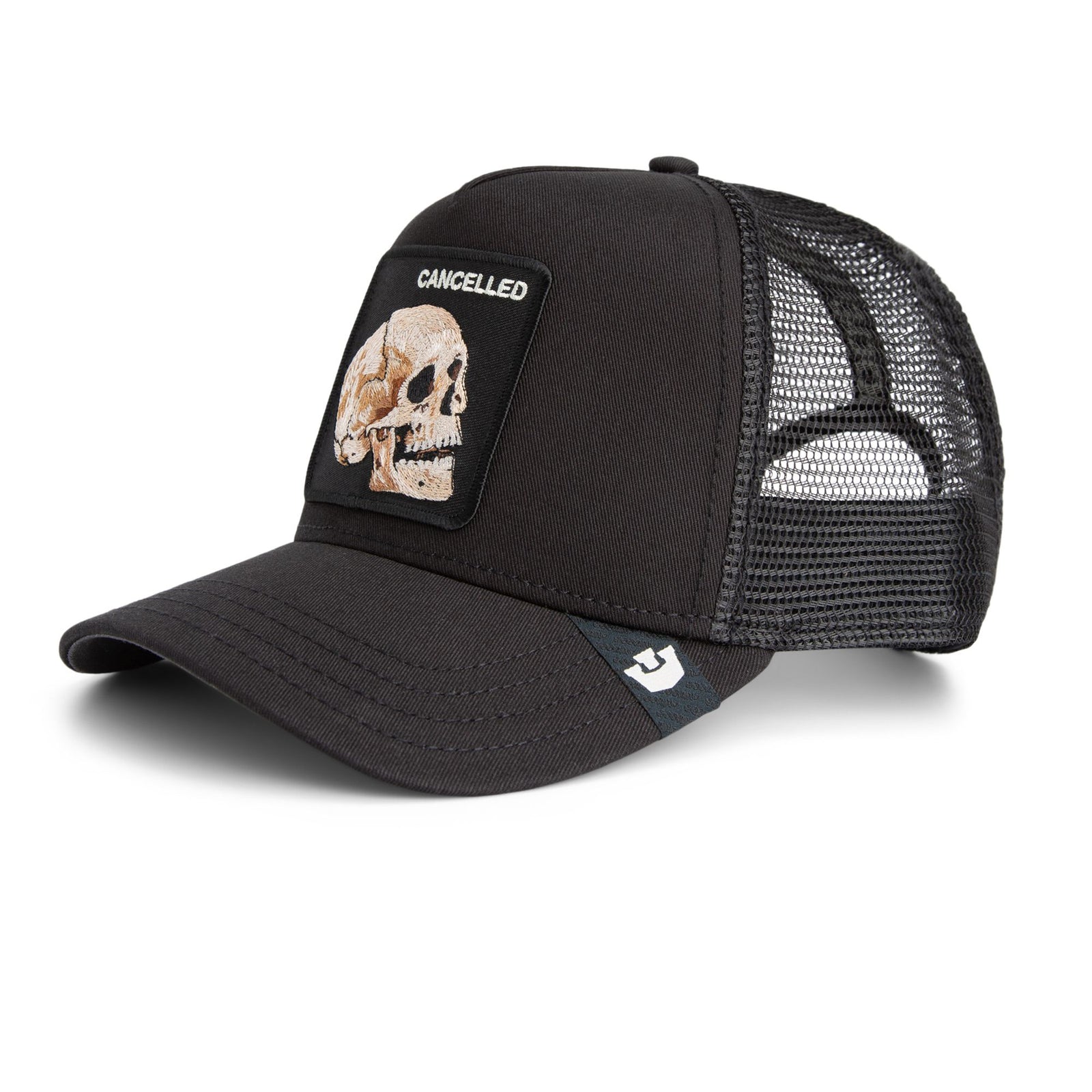 Goorin Cancelled Skull Trucker Hat—black mesh trucker hat with skull patch for bold, edgy style.