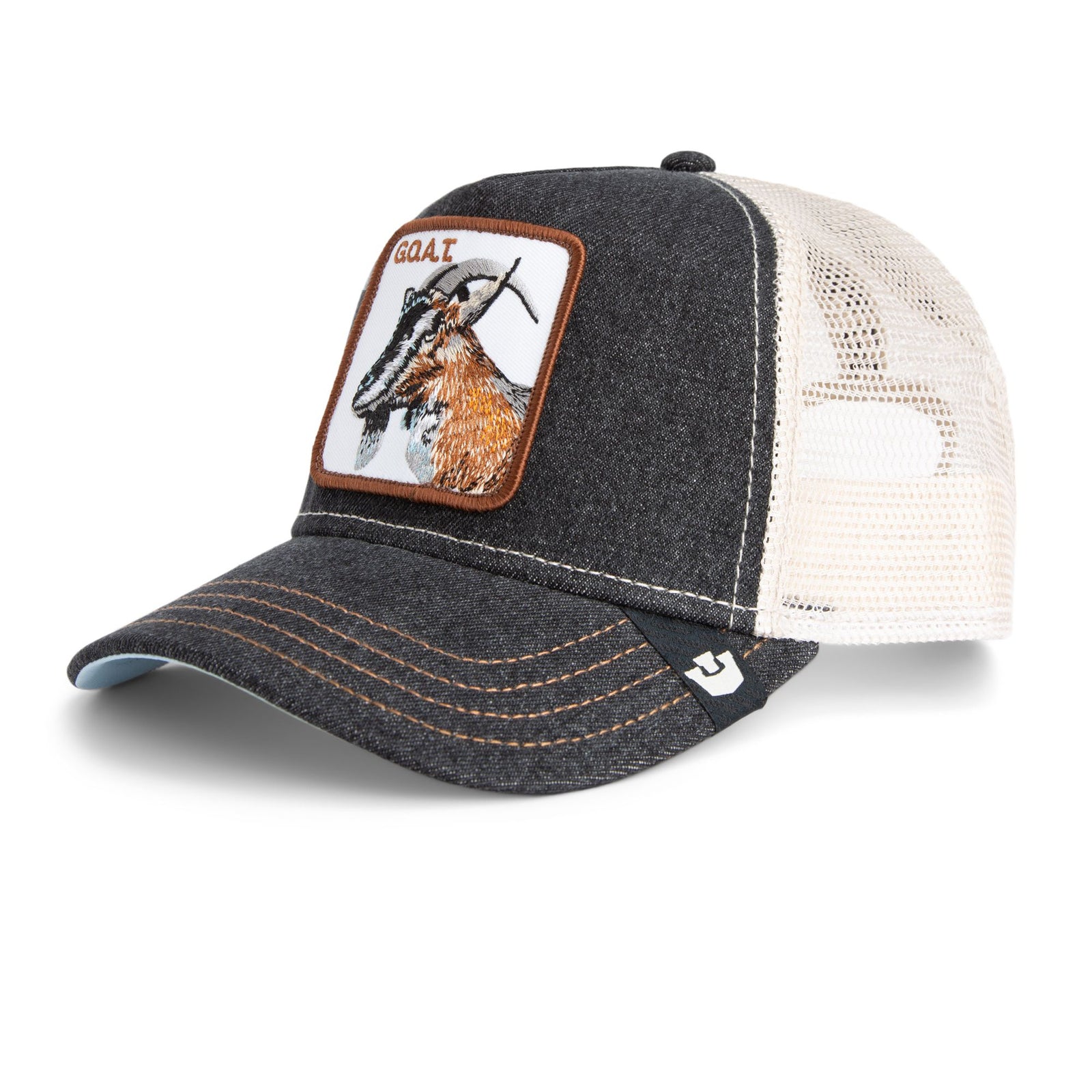 Goorin G.O.A.T Goat Trucker Hat with denim front panel, goat patch, and beige mesh back.