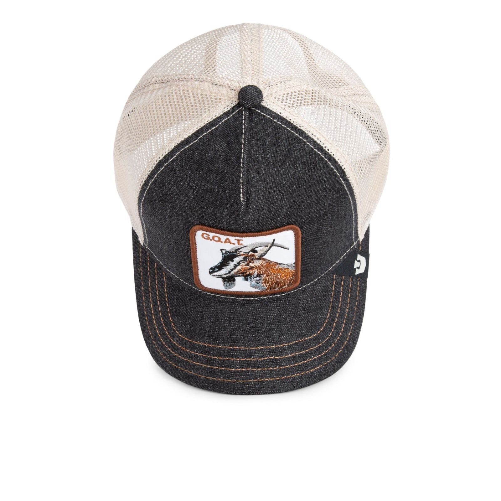 Goorin G.O.A.T Goat Trucker Hat with dark denim front, beige mesh back and goat patch.