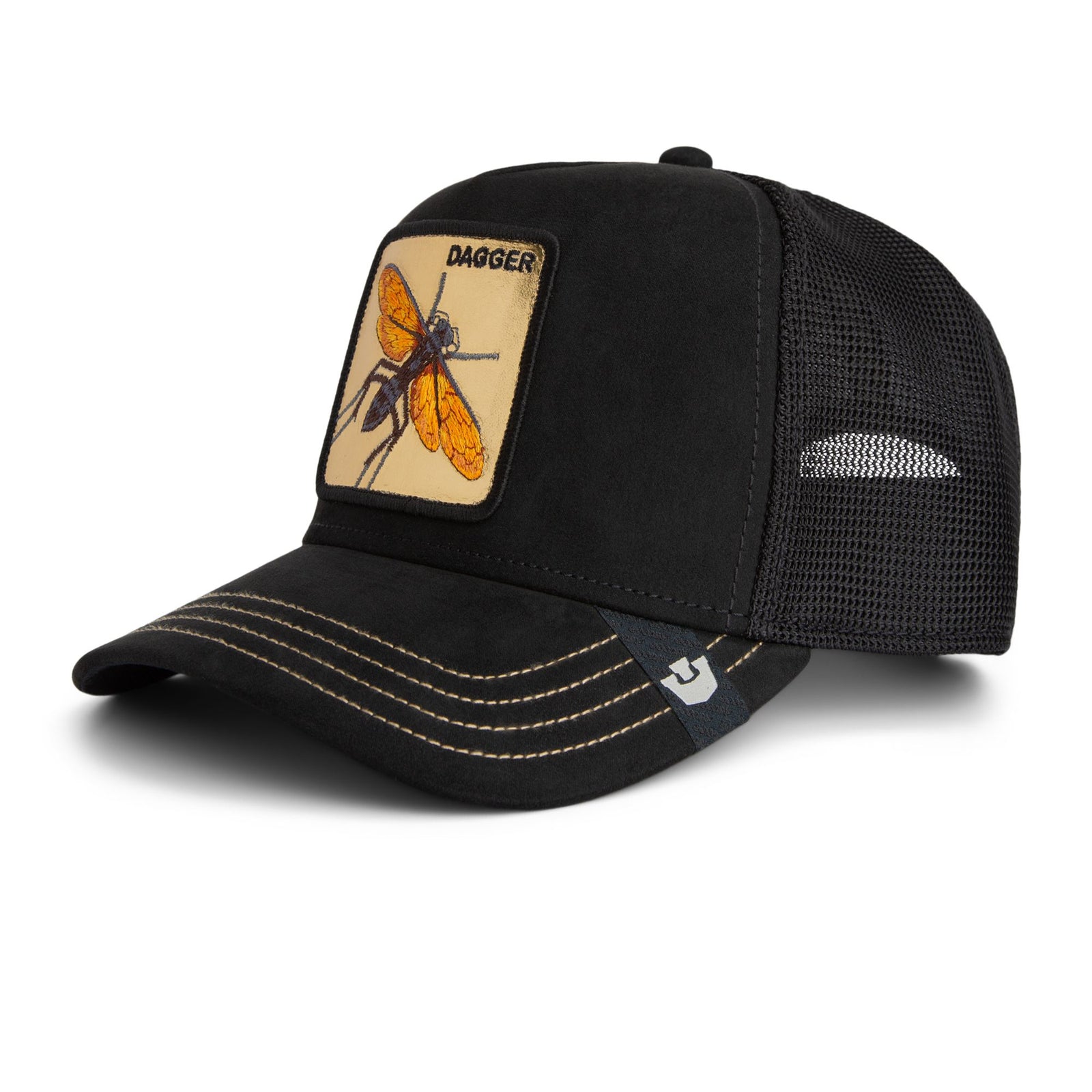 Goorin Golden Dagger Trucker Hat featuring an insect patch, gold stitching on a black front panel.