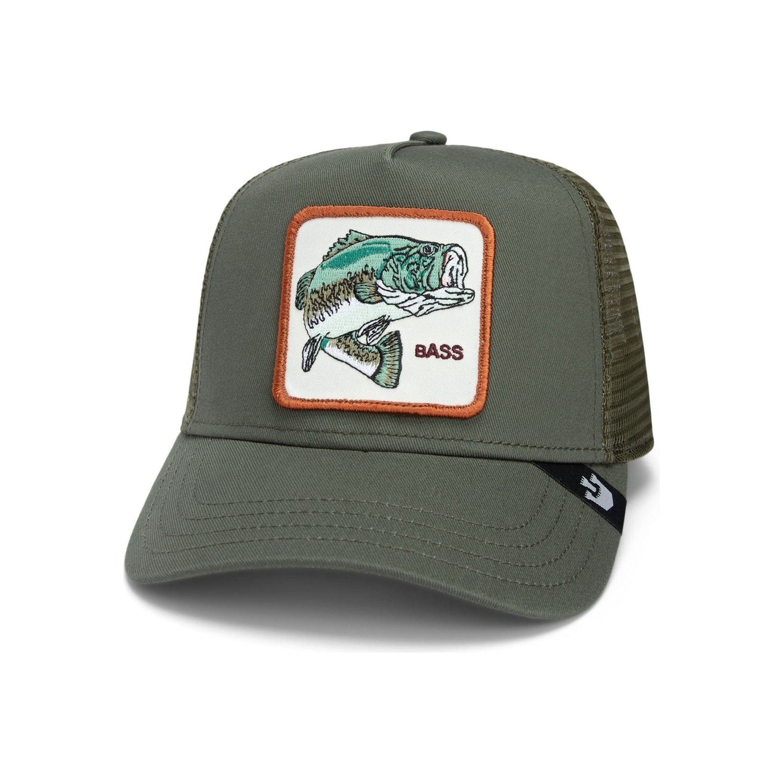 Goorin Gone Fishin' Trucker Hat in bold green, featuring a bass patch, perfect for outdoor adventures.