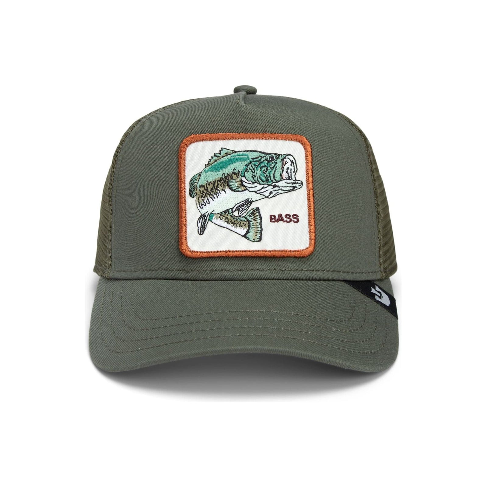 Bold green Goorin Gone Fishin' Trucker Hat features a bass patch, perfect for outdoor adventures.
