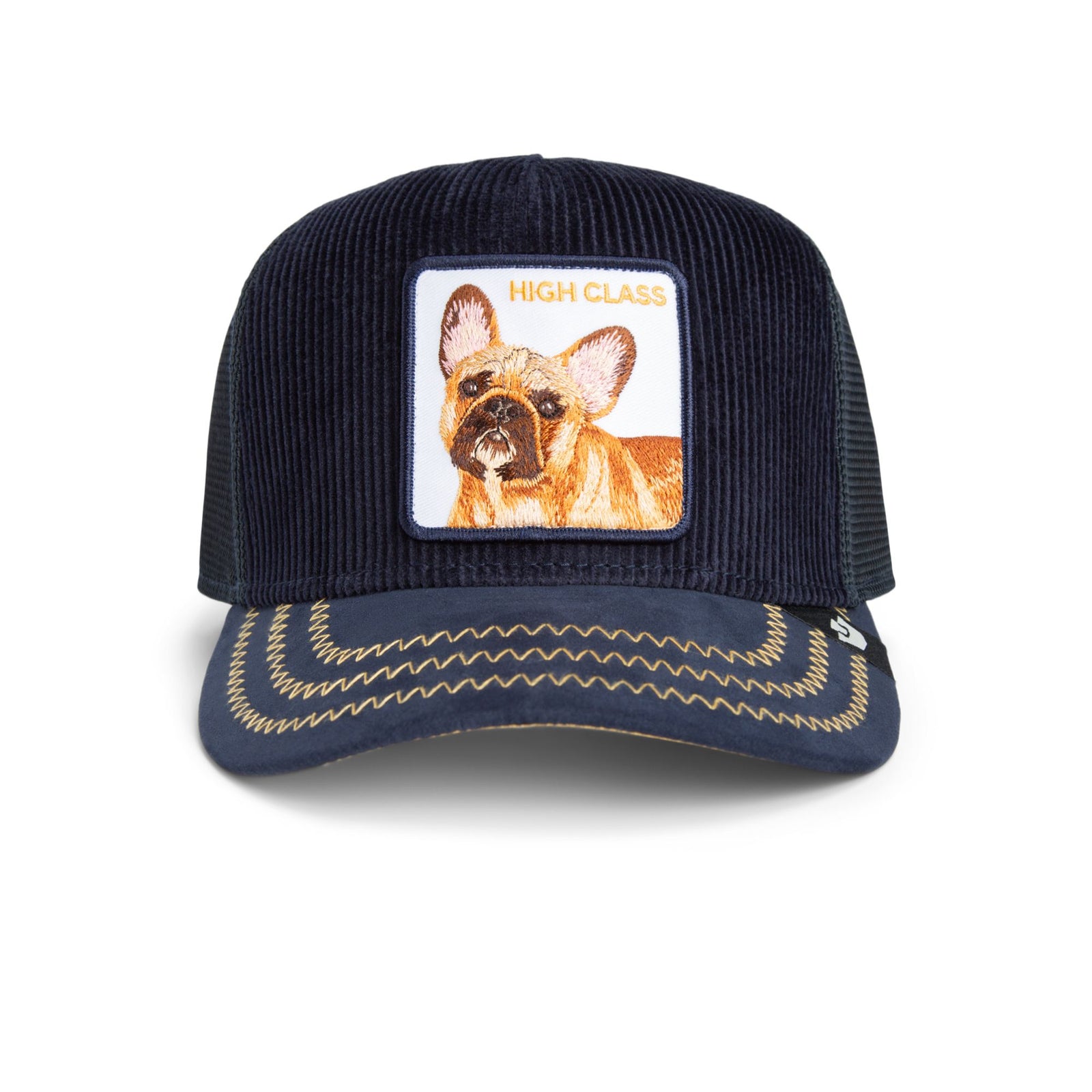 Goorin High Class Remix Trucker Hat - navy corduroy crown with gold stitching and a Frenchie patch.