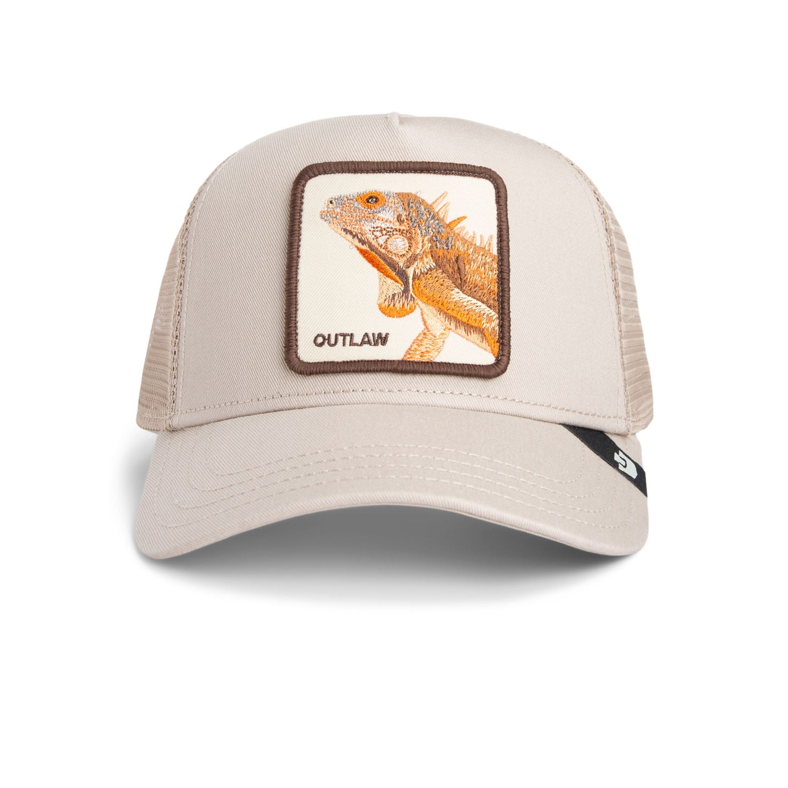 Goorin Outlaw LizardTrucker Hat with desert beige color and a fierce lizard patch.